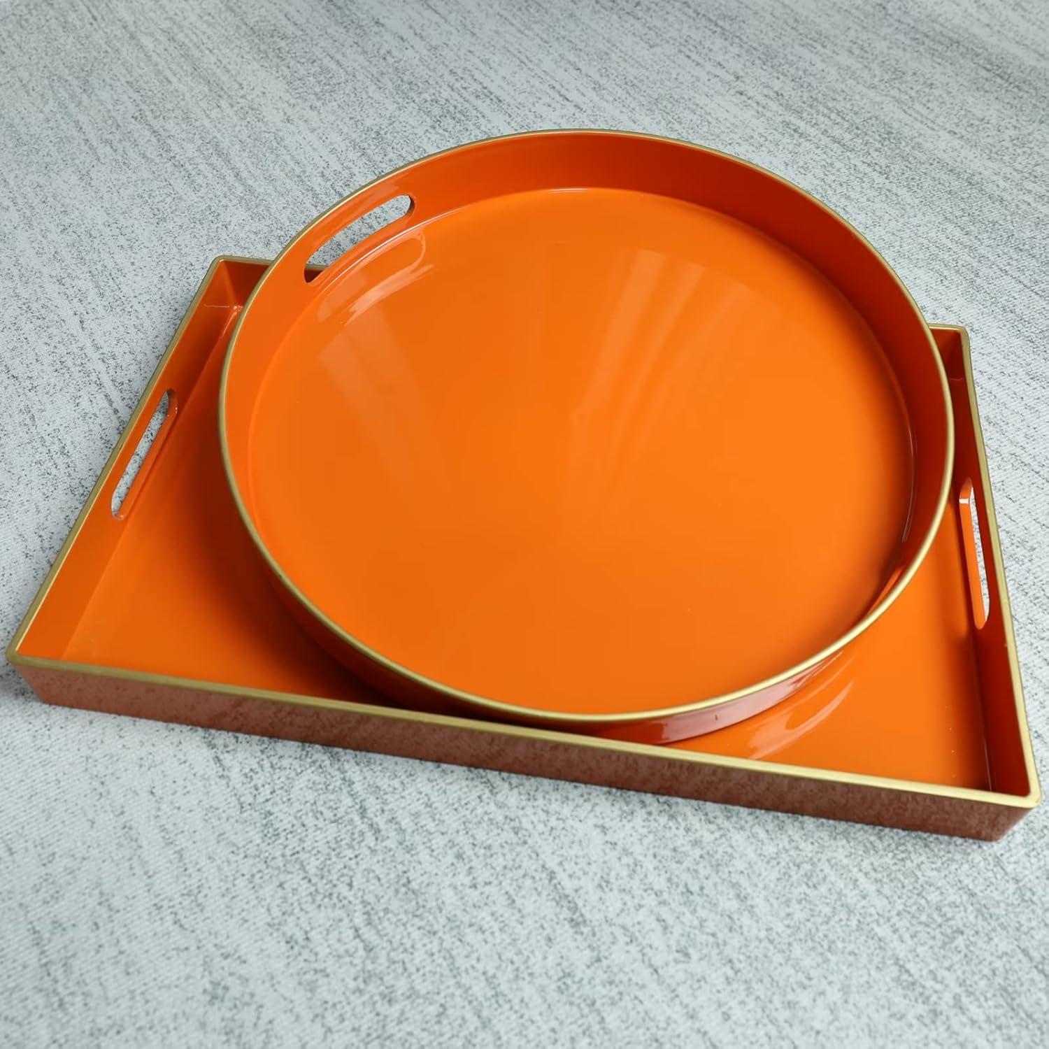 MAONAME 13" Round Tray, Orange Serving Tray with Handles, Modern Decorative Trays for Coffee Table, Plastic Ottoman Trays for Ottoman, Bathroom, Halloween Decor