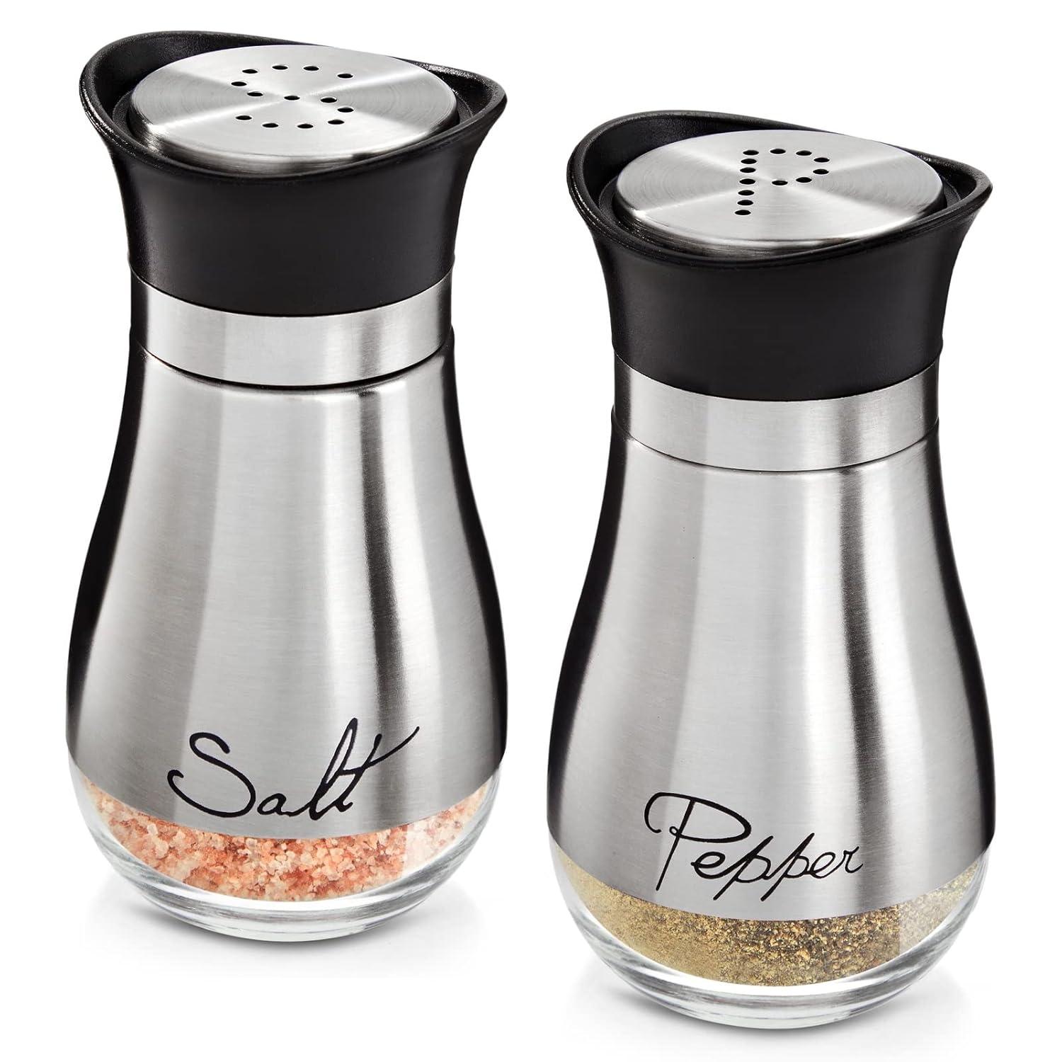 Juvale Stainless Steel Salt and Pepper Shakers Set with Glass Bottom, Perforated "S" and "P" Caps - Modern Kitchen Decor (4oz)