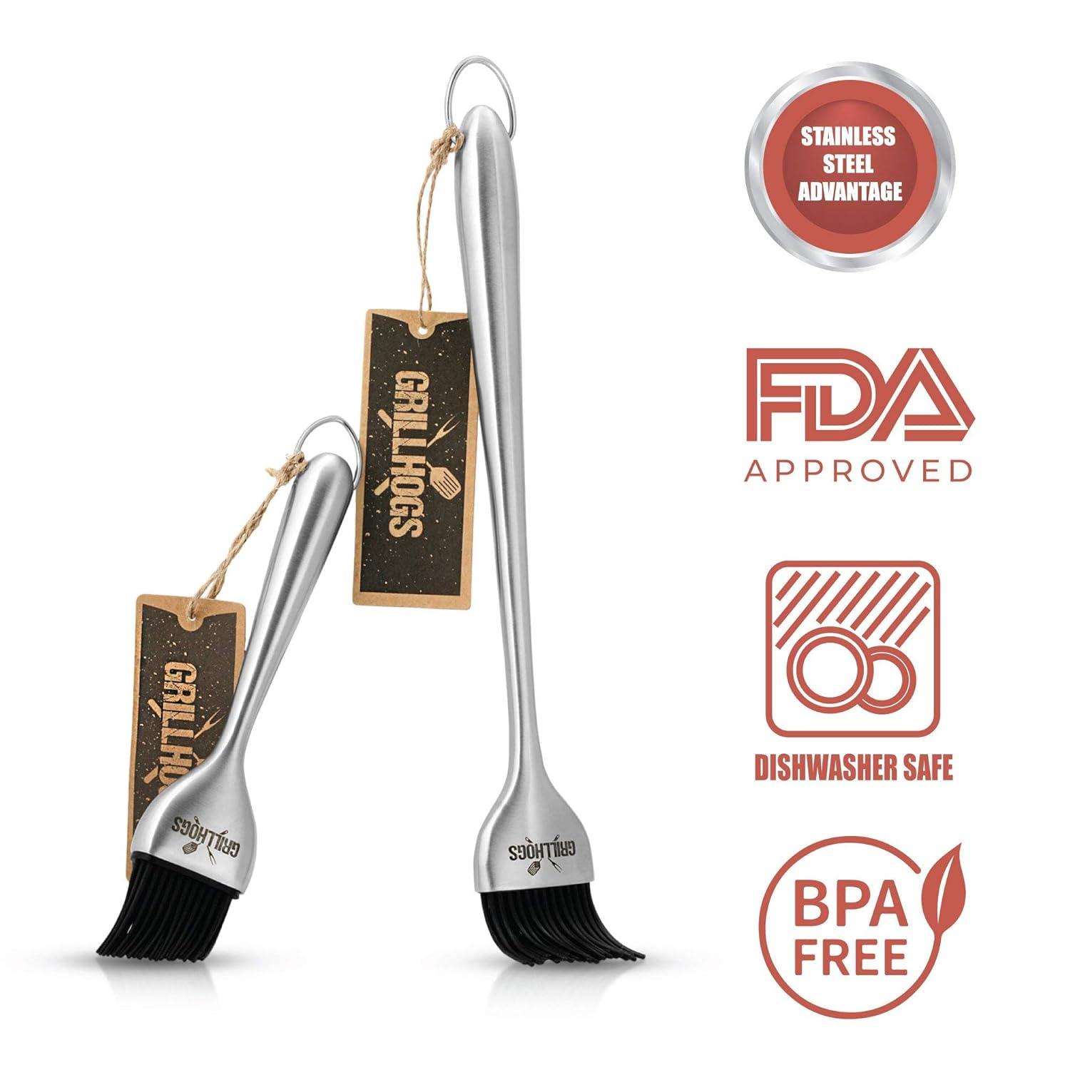 Kitchen Basting Brush, 18/0 Stainless Steel Set of 2 for Grilling & Cooking - 7.5 Inch Precision & 12 Inch Reach Grill Brushes with 480°F Heat Resistant Bristles - Silicone Brush, Pastry, BBQ Brush