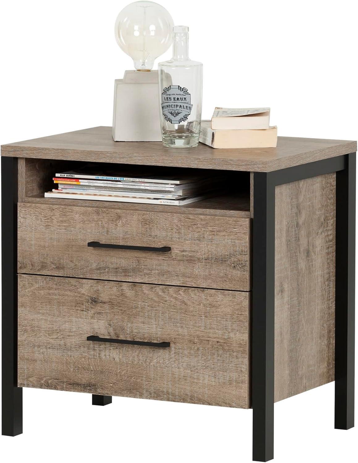 Munich 2-Drawer Nightstand - End Table with Storage Weathered Oak and Matte Black