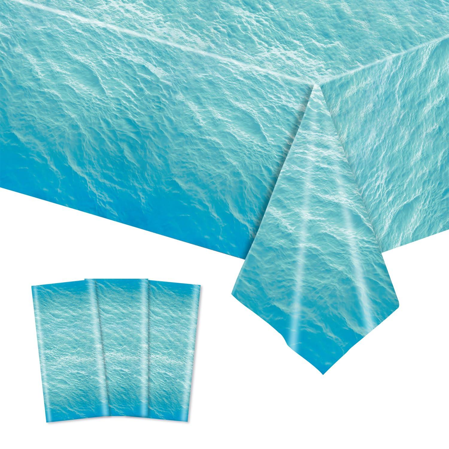 3-Piece 54 x 108 Inch Ocean Wave Plastic Tablecloth - Realistic Water Design, Disposable Rectangle Table Cover for Dining, Picnic, Beach Party, Sea Theme, Pool Party, Summer Indoor Outdoor Decoration