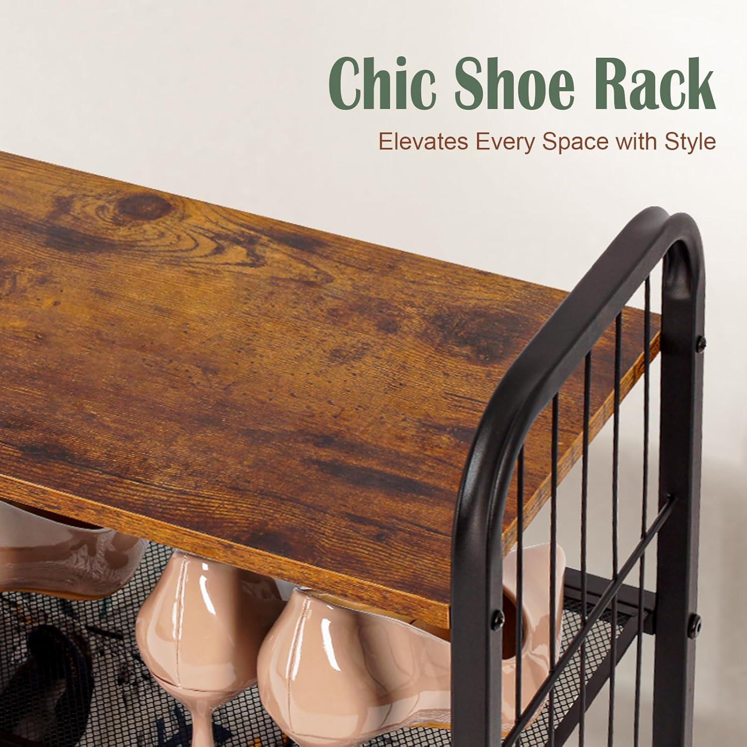 Shoe Rack, 3-Tier Shoe Organizer with Guardrails, Heavy-Duty Metal Mesh Shelves & Rustic Wooden Top for Stylish Closet & Front Door Storage