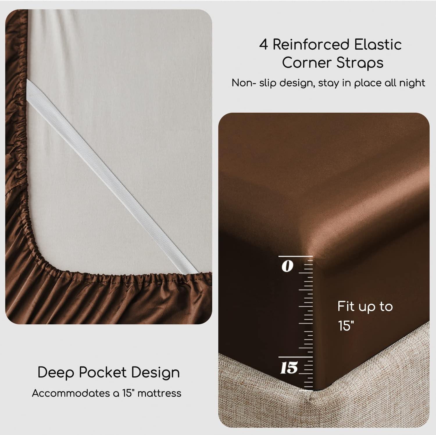 MR&HM Satin Sheet Set Queen 4 Pcs, Silky Elegant Luxurious Queen Size Bed Sheets, with Flat Sheet, Deep Pocket Fitted Sheet for Mattress and Matching Satin Pillow Cases (Queen Size, Brown)