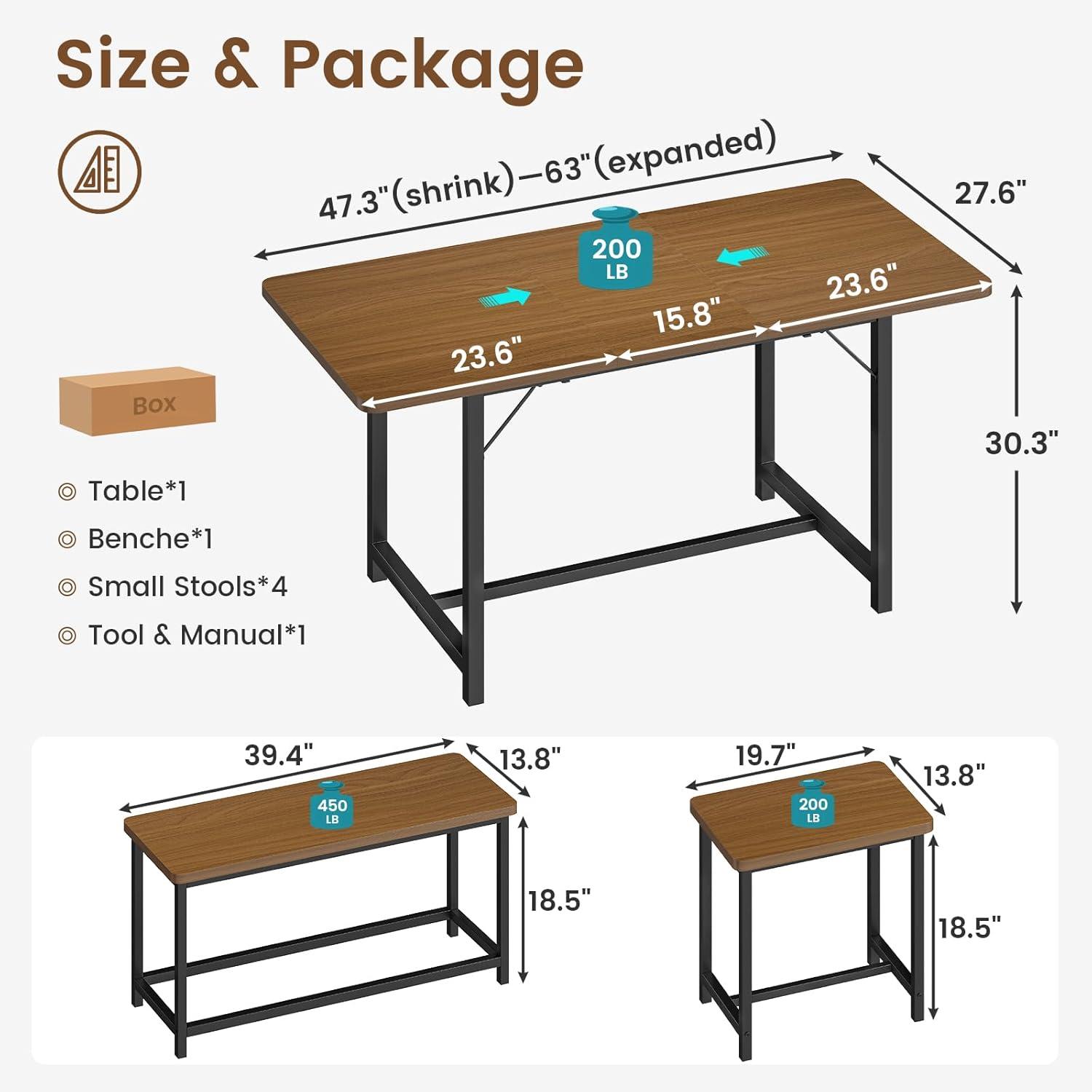 Walnut Extendable Dining Table Set with Bench and 4 Stools