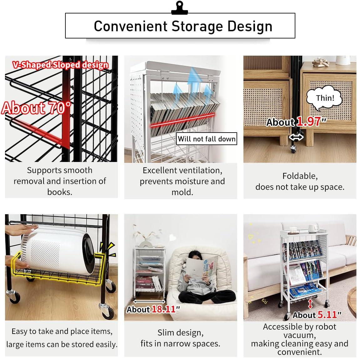 Lumizone Foldable Book Cart 6-Tier Large Capacity Bookshelf Single Sided V-Shaped Sloped Shelves With brake Wheels With PegBoard Slim Rolling Utility Cart Storage Rack, Home Shelves and Office(Black)