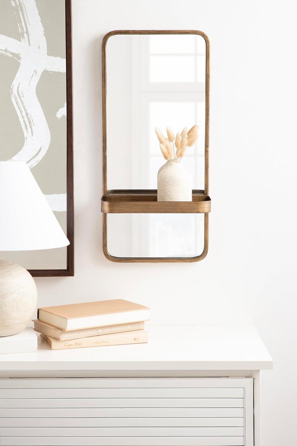 Kate & Laurel All Things Decor 11"x24" Estero Wall Rectangle Mirror with Shelf Gold: Mid-Century Modern, Wall-Mounted Storage