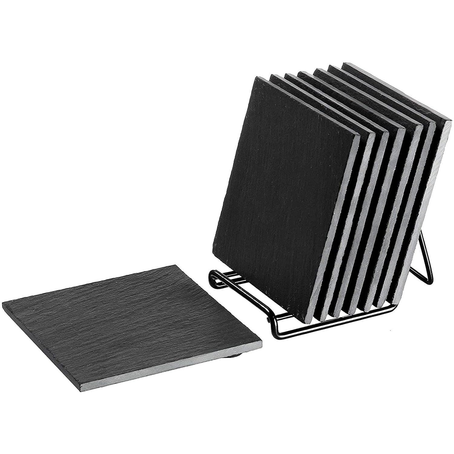 Juvale 8 Piece Set of Square Black Slate Coasters Set with Holder for Coffee Table, Office, Bar, Kitchen, Dinner Table, Home Decor