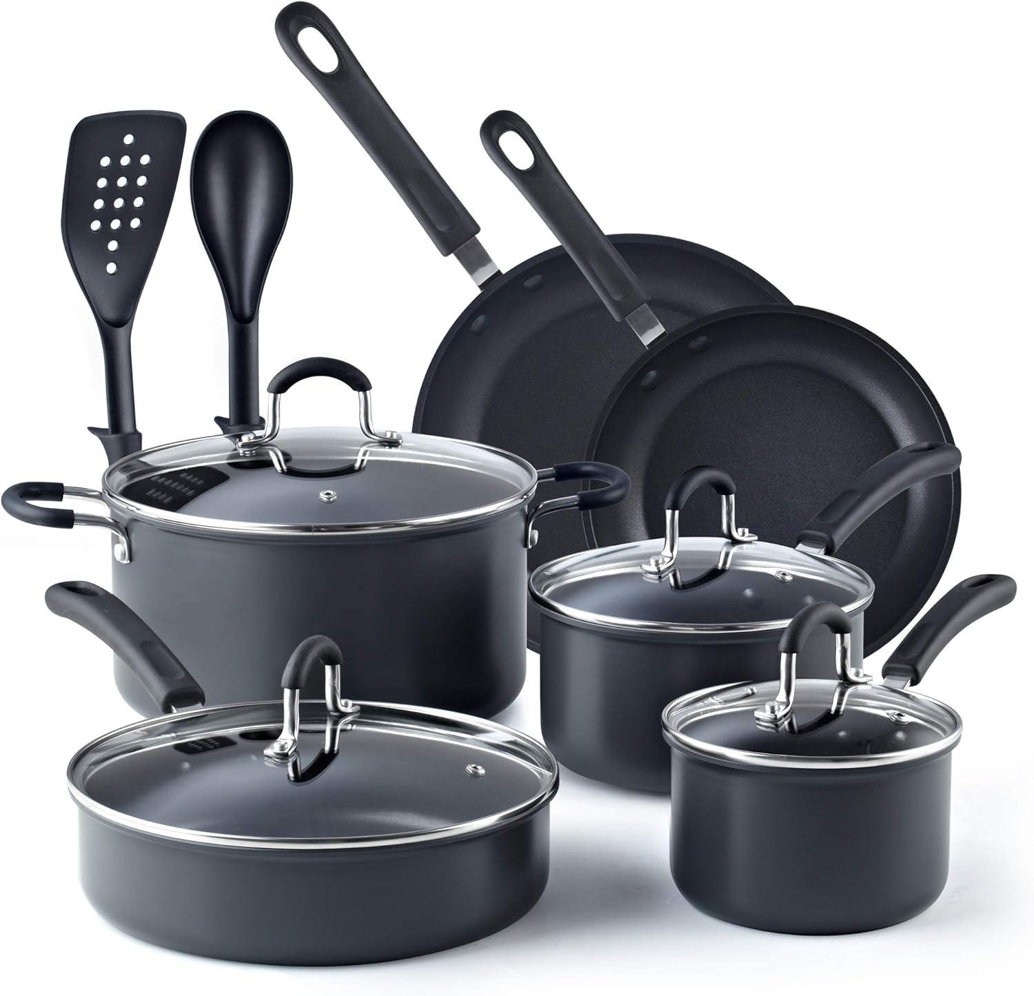 12-Piece Black Aluminum Nonstick Cookware Set with Glass Lids