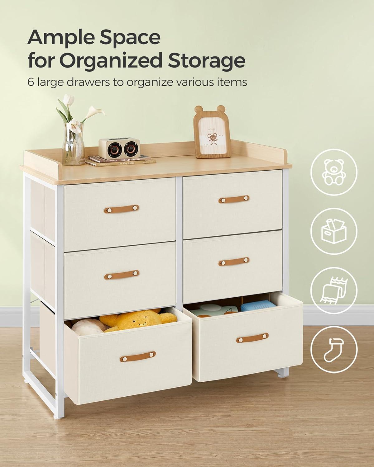 SONGMICS Kids Dresser with 6 Drawers, Boys Girls Dresser, with Water-Resistant Tabletop, Storage Organizer Cabinet, for Bedroom Hallway, Beige UGKR101K01