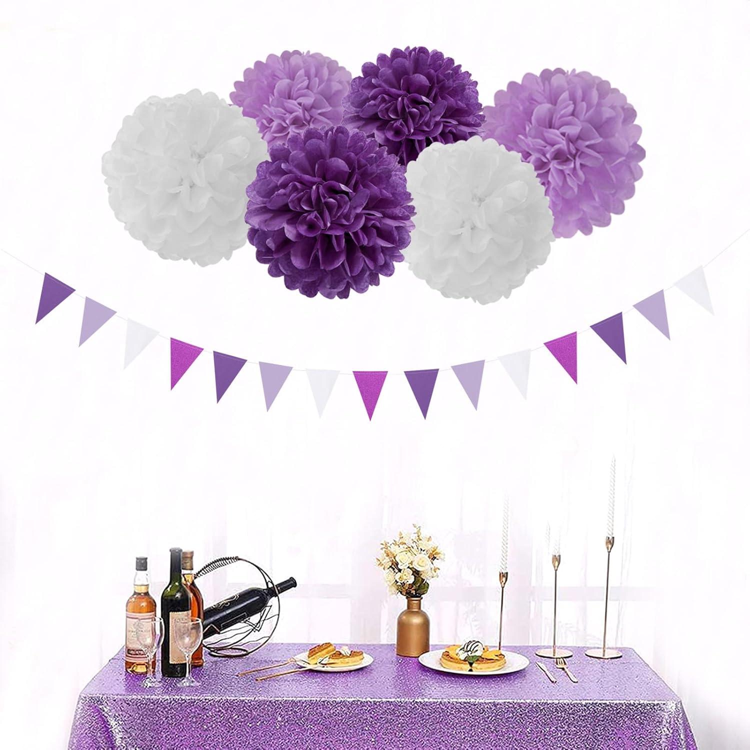 Purple White Lavender Party-Decorations Streamers - 28pcs Tissue Pom Poms,Women Girl Birthday Supplies Tassel Garland Banner,Baby Bridal Shower Wedding Engagement Bachelorette Graduation Decor Lasting Surprise