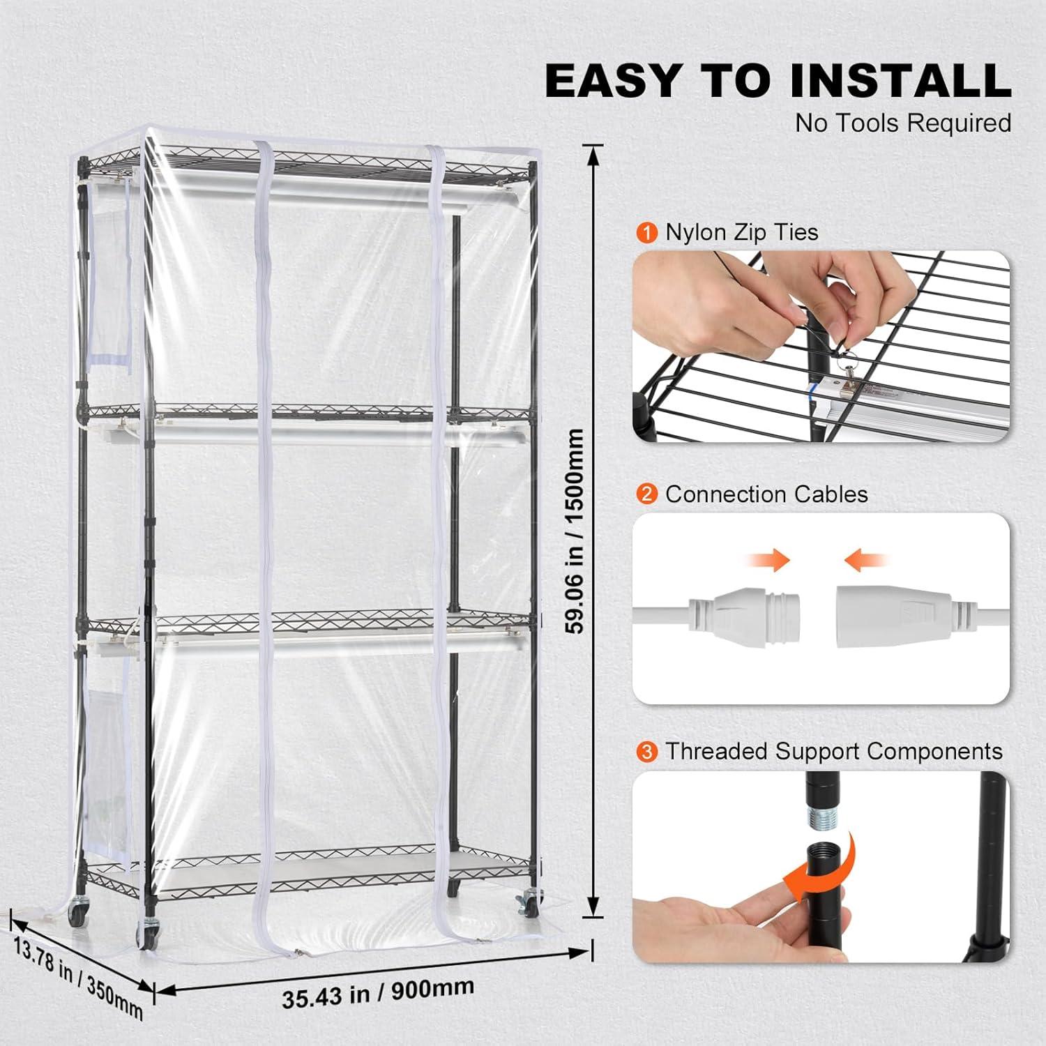 Four-Tier Black Metal Plant Stand with Grow Light and Cover