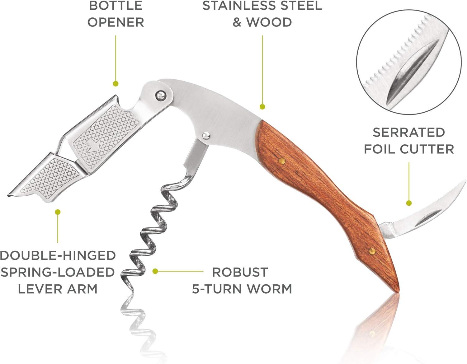 True Sommelier Waiter Corkscrew Spring Loaded Double Lever Wine Opener Waiters Bartender Accessory, Stainless Steel and Wood, Set of 1