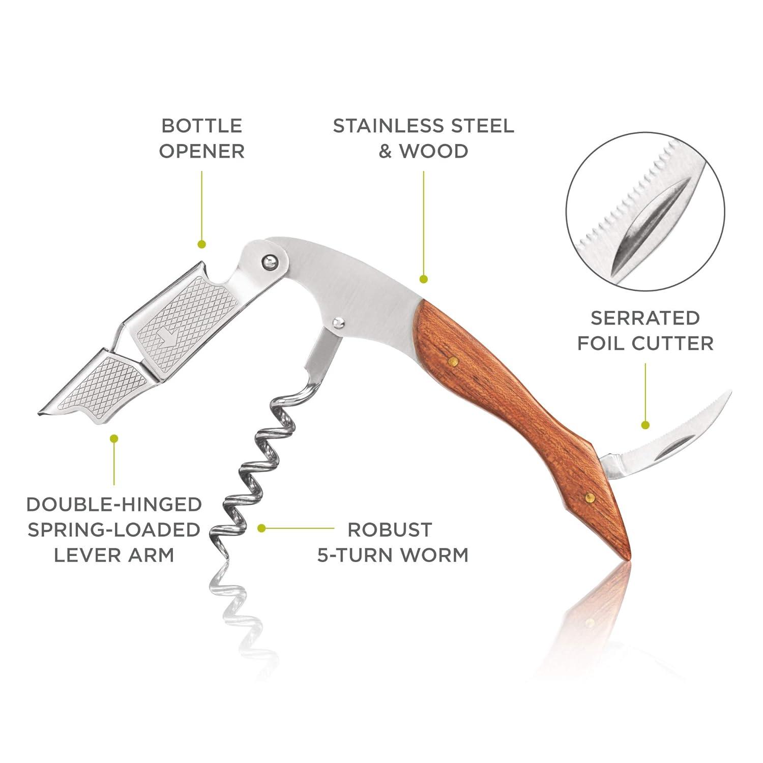 True Sommelier Waiter Corkscrew Spring Loaded Double Lever Wine Opener Waiters Bartender Accessory, Stainless Steel and Wood, Set of 1