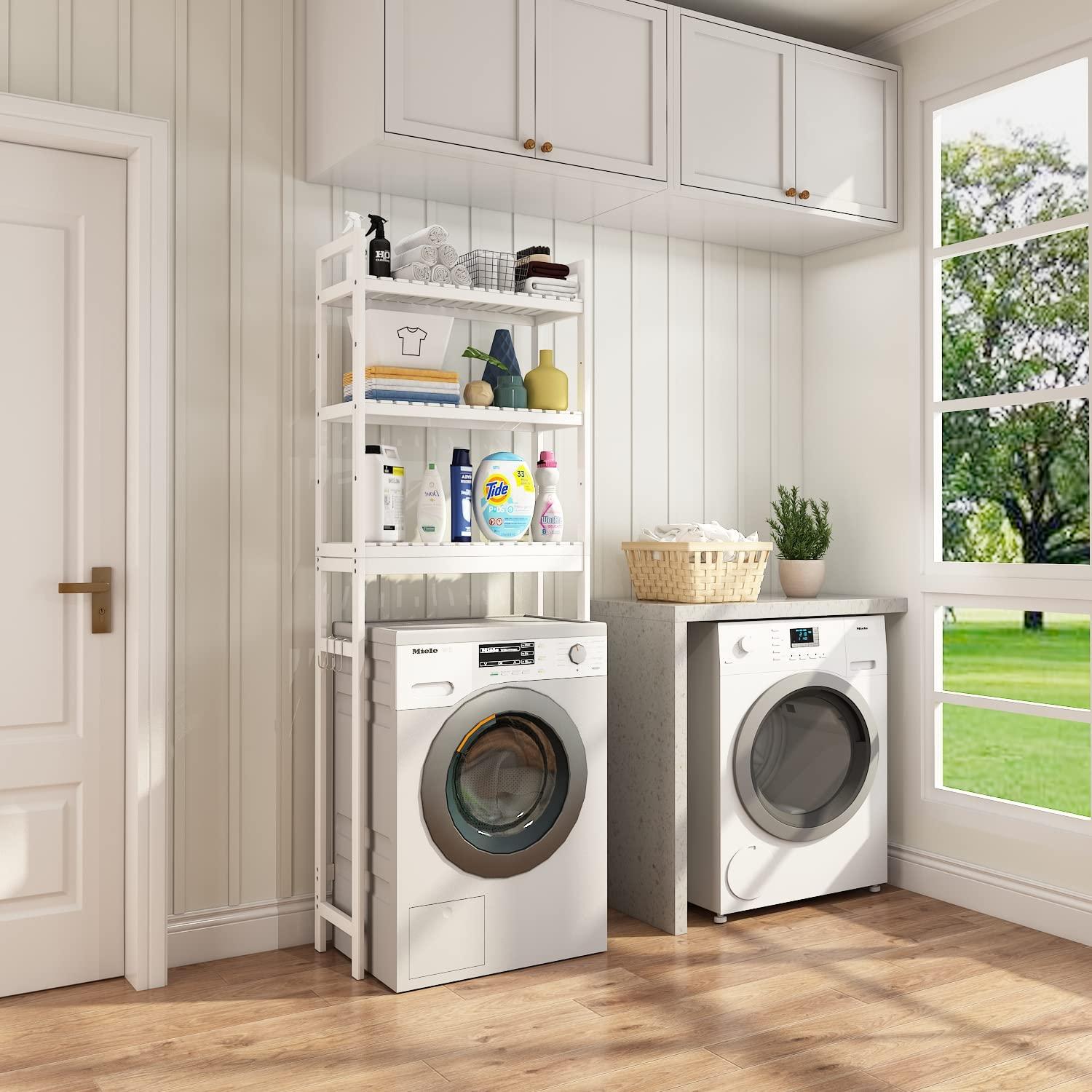 Over The Toilet Storage, 4-Tier Bathroom Organizer Over Toilet with Sturdy Bamboo Shelves, Multifunctional Toilet Shelf, Easy to Assemble and Saver Space, Gray