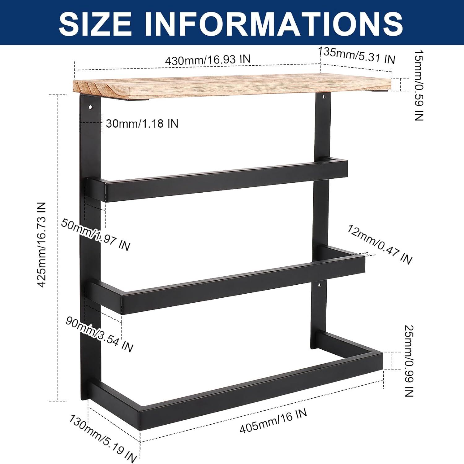 Matte Black Wall Mounted 3-Tier Towel Rack with Wood Shelf