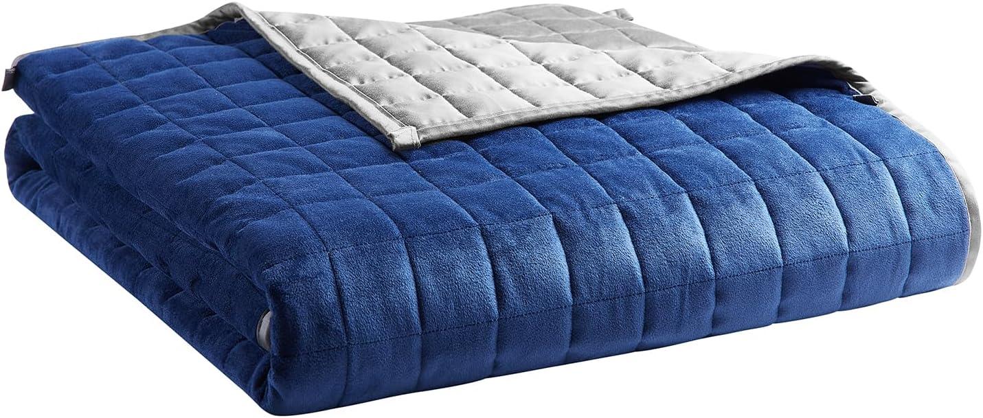 YnM Exclusive Weighted Blanket, Cooling & Cozy Velvet Dual-Sided, Smallest Compartments with Glass Beads, Ideal for One Person of 140lbs on Twin/Full Bed (48x72 Inches, 15 Pounds, Blue/Grey)