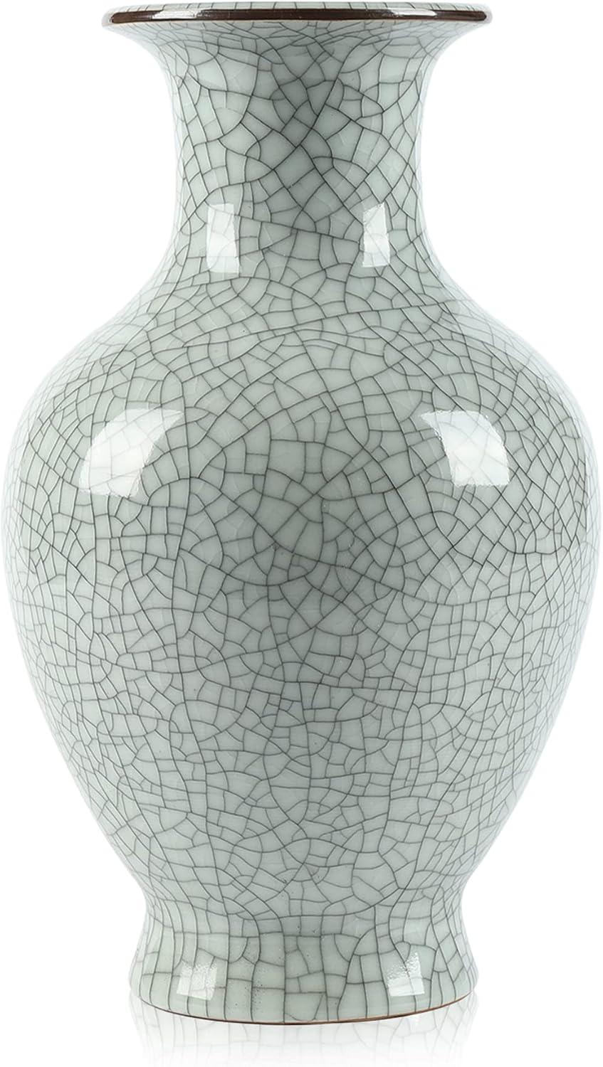 Green Ceramic Vase for Home Decor, Rustic Oriental Vases, Glazed Decorative Farmhouse Vase for Mantel, Table, Bookshelf, Living Room Decoration(Green)