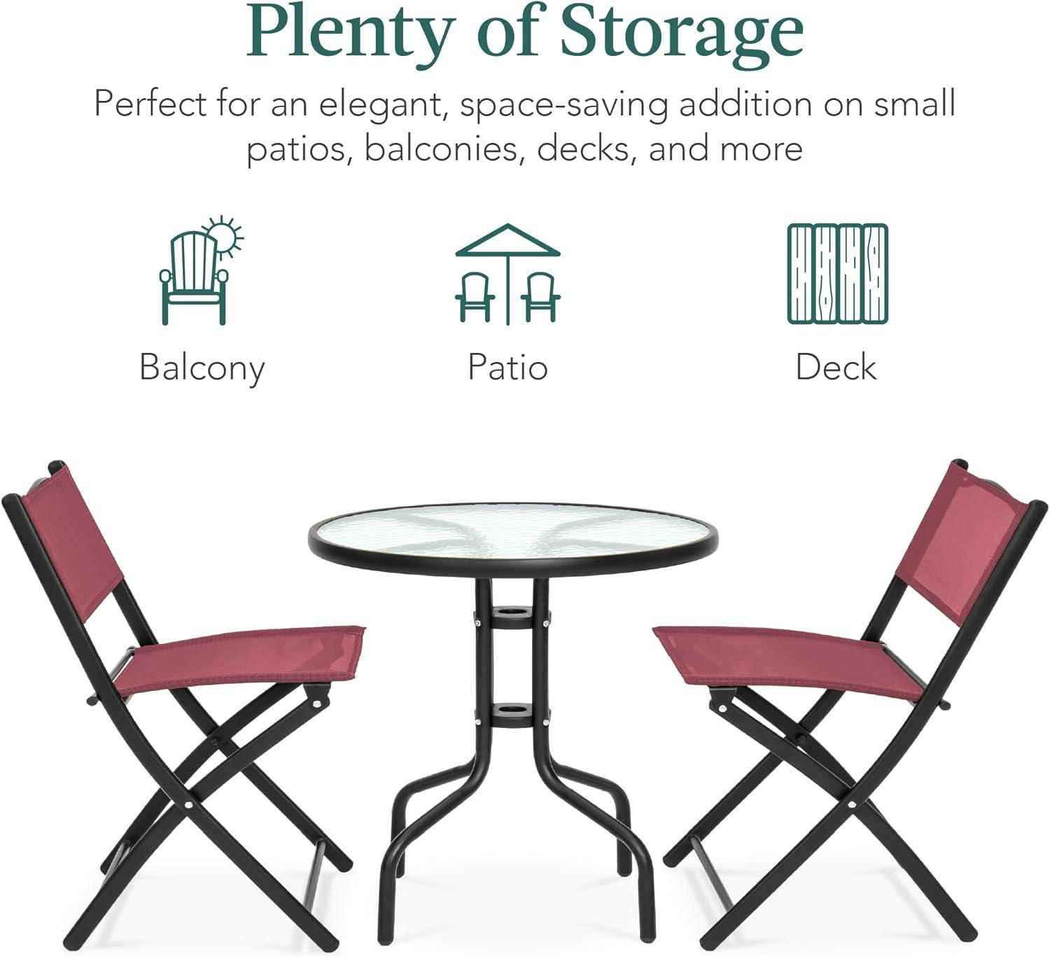 Best Choice Products 3-Piece Patio Bistro Dining Furniture Set w/ Glass Tabletop, Folding Chairs - Burgundy