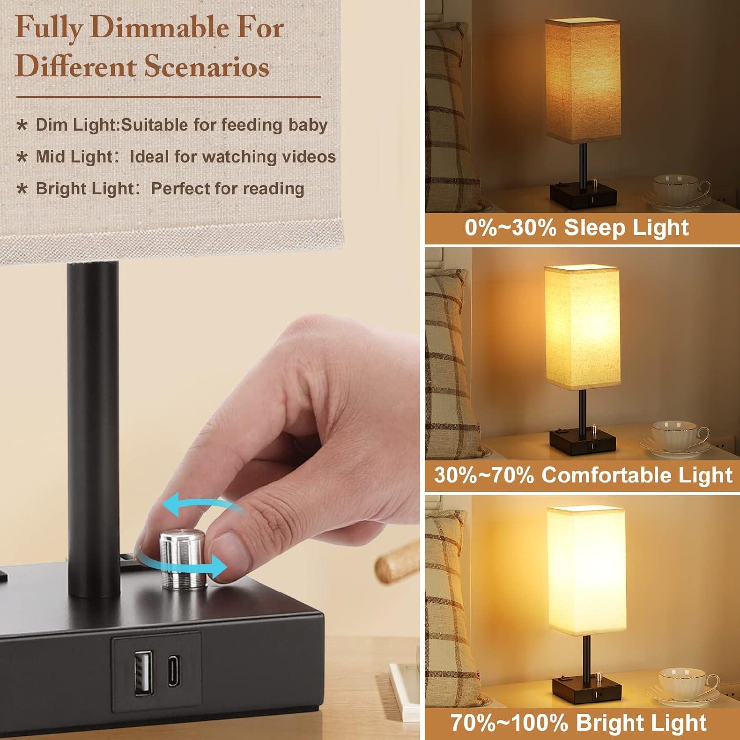 Black Fully Dimmable Nightstand Lamps with USB and AC Outlets