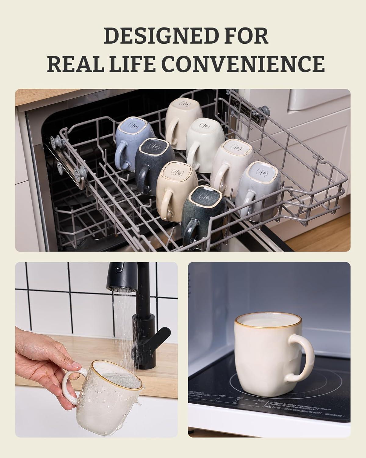 FAST APPLIANCES LLC Coffee Mugs Set Of 4, Ocean Square 13Oz Coffee Cup Set With Handle For Cocoa, Milk, Hot Chocolate, Tea, Water, Stoneware Cups For Kitchen, Microwave And Dishwasher Safe, Vanilla White