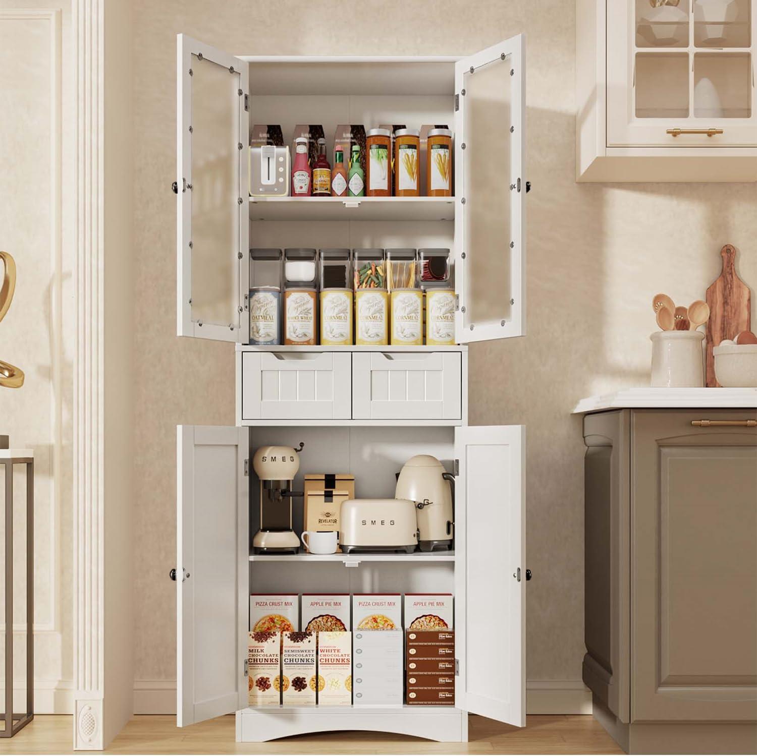 Gizoon 67" Tall Storage Cabinet, Freestanding Kitchen Pantry Cabinet with Glass Door & 2 Shelves & 2 Drawers, Stylish Linen Storage Cabinet for Home, Bathroom, Living Room, Office, White