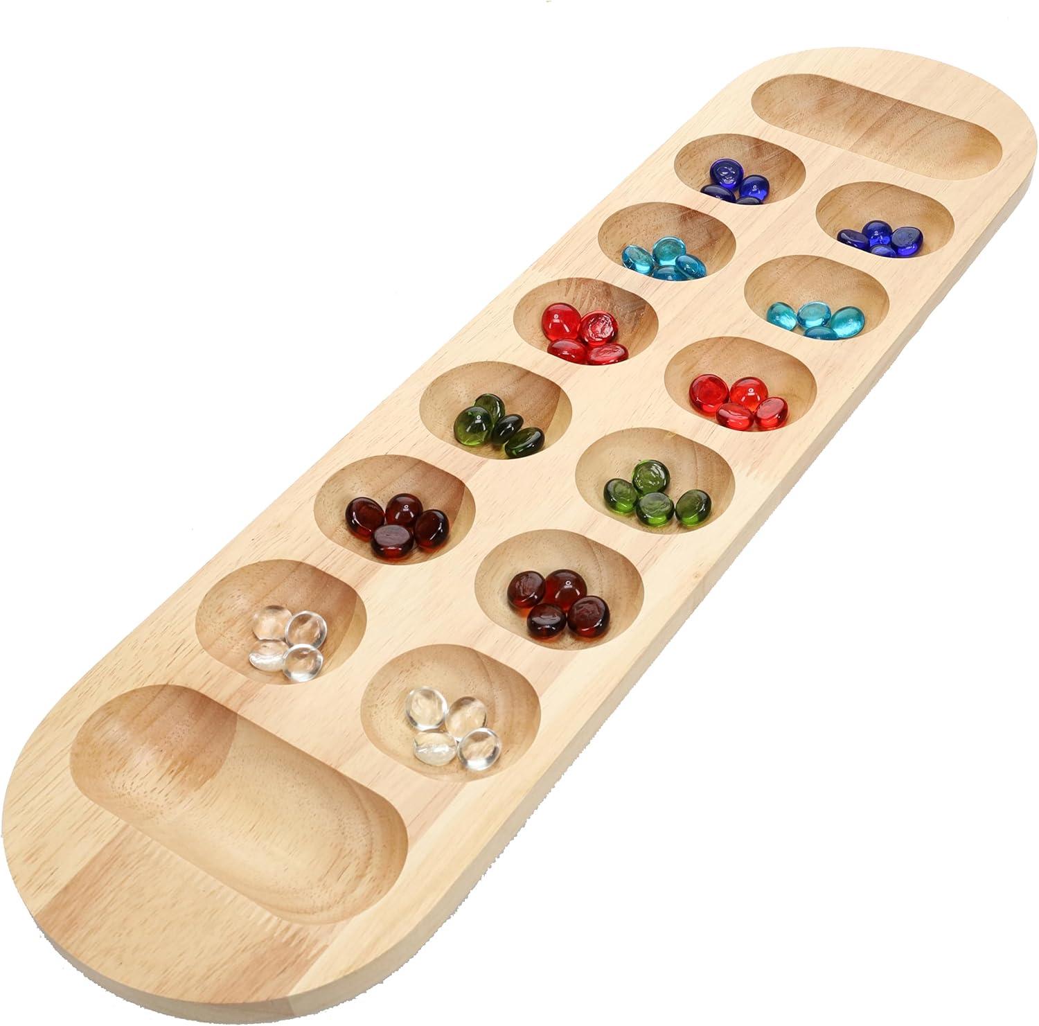 WE Games Mancala Board Game - 22 in., Solid Natural Wood Board and Glass Stones