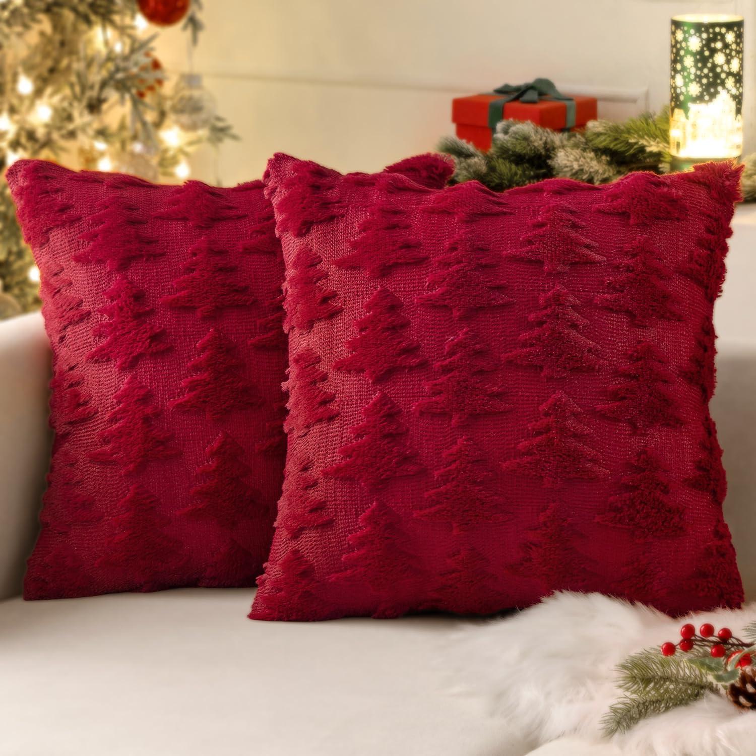 UGASA Pillow Covers 20x20 Inch Set of 2 Soft Plush Faux Fur Christmas Tree Decorative Luxury Jacquard Throw Pillows Pillowcases for Couch Sofa Holiday Festivals Home Decor, Burgundy