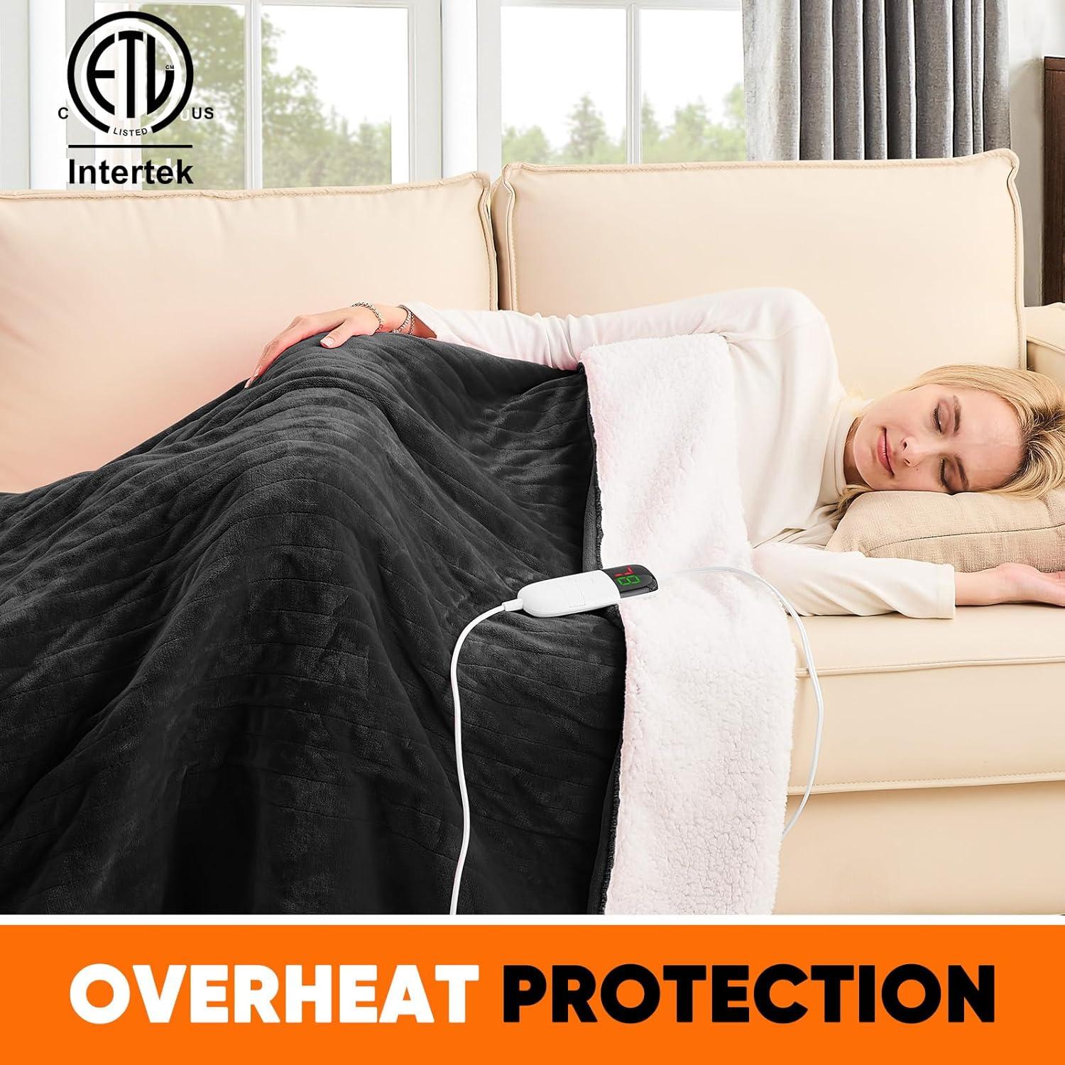 greenoak Heated Blanket Electric Throw 50"X60", Heating Blanket with 10 Heat Levels 1/2/4/6/8 Hours Auto-Off Overheat Protection, Flannel Sherpa Soft Warm Heater, ETL Certified Lacquered Black