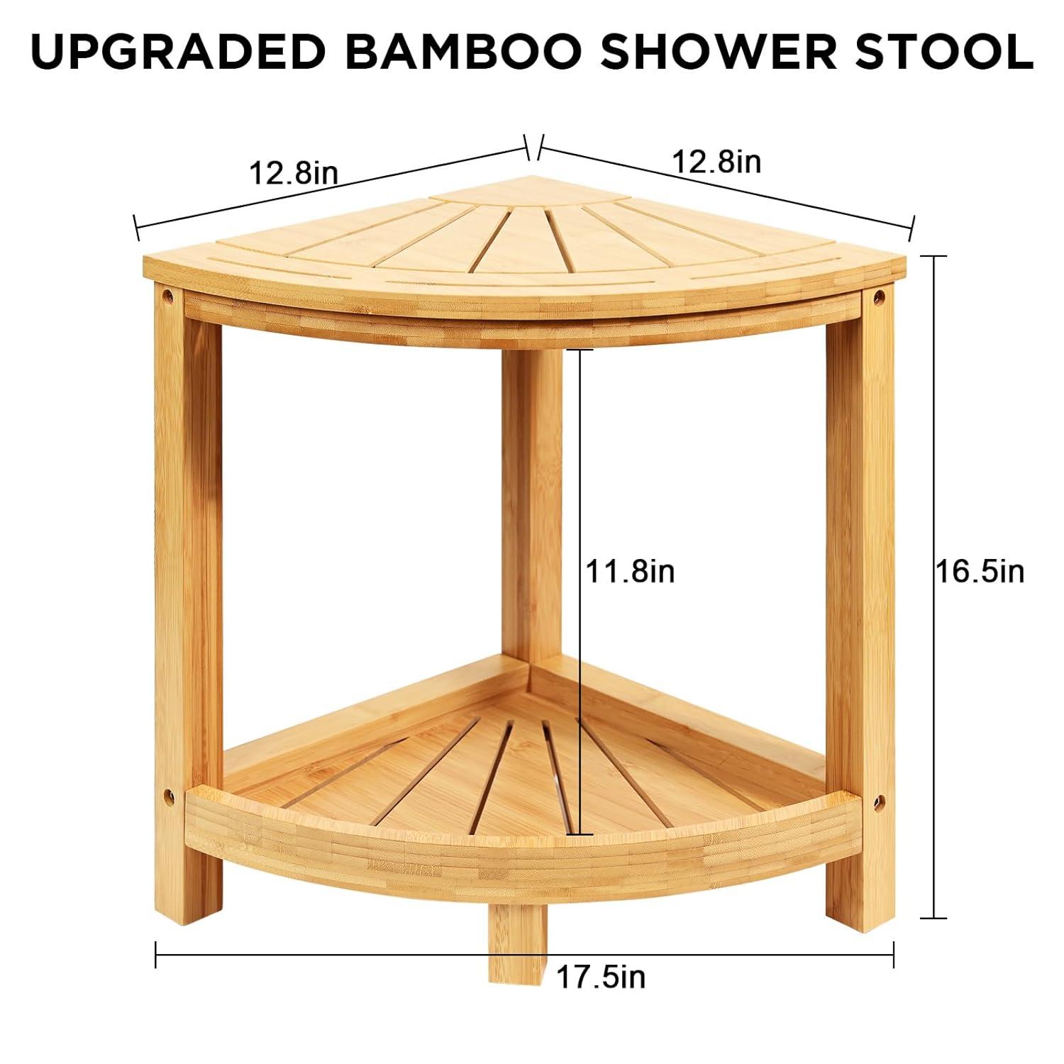 Ollieroo 2-Tier Bamboo Corner Shower Stool for Shaving Legs, Waterproof Bench with Storage Shelf and Soap Dish, Non-Slip Foot Rest (Natural)