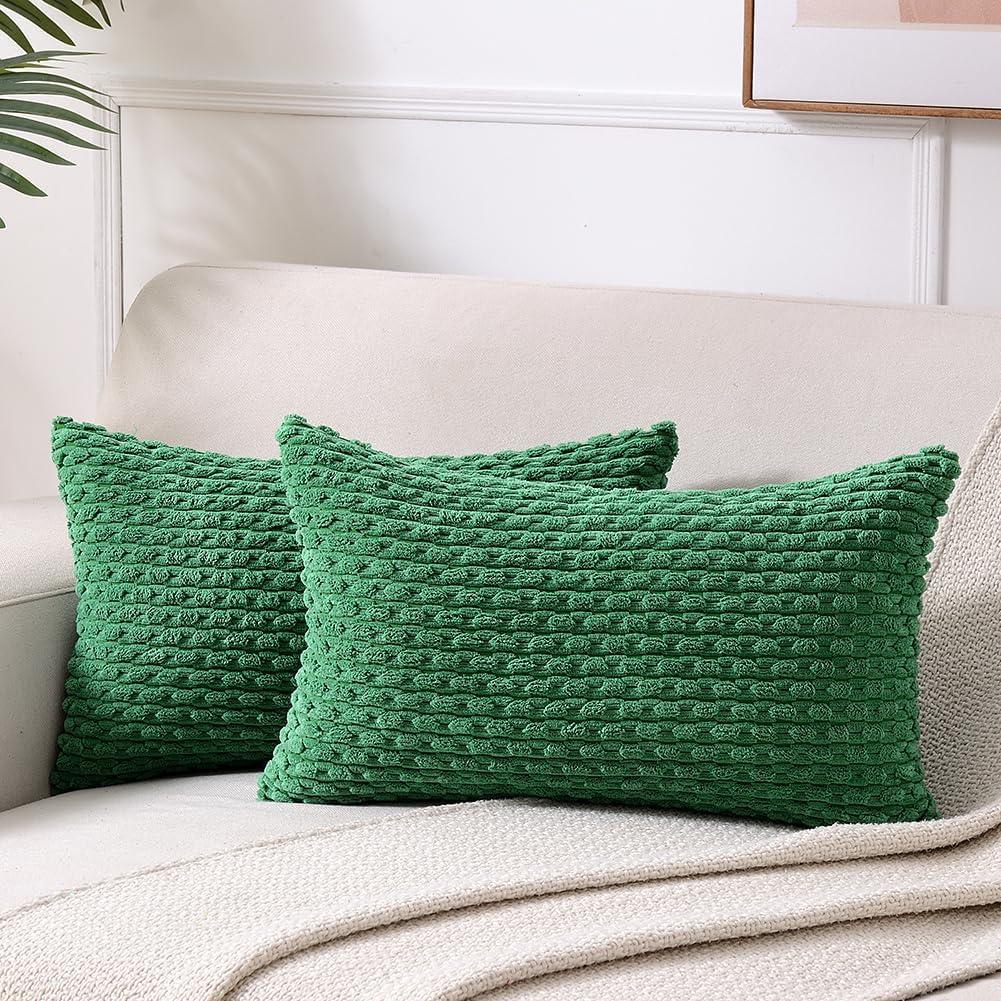Boho Sage Green Striped Corduroy Pillow Covers - Set of 2 | Farmhouse Rectangle Cushion Cases for Sofa Couch Bed | Soft Decorative Throw Pillowcases - 12x20 Inch Home Decor