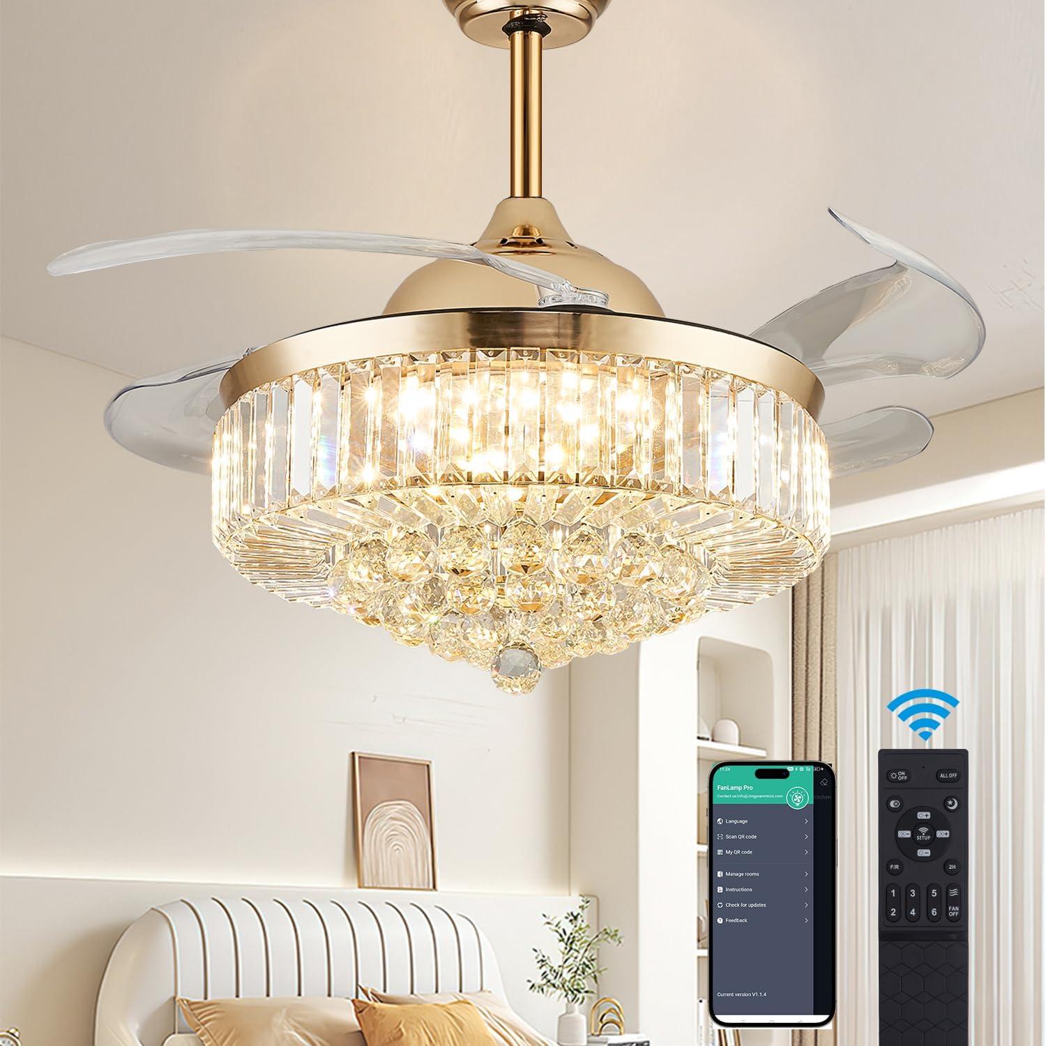 HOOMEDELIER 42" Chandelier Ceiling Fan with Remote, Crystal Beads Framed Fan with 4 Retractable Blades Smart Indoor Fandelier Fan