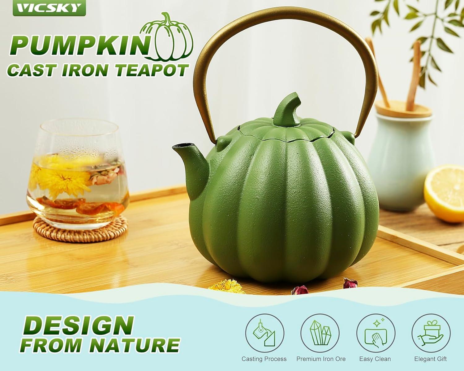 Ophelia & Co. Orange Pumpkin Cast Iron Teapot, Natural Pumpkin Color, Japanese Cast Iron Tea Kettle Stovetop Safe With Infuser, Creative Pumpkin Halloween Teapot(40Oz/1200Ml, Orange)