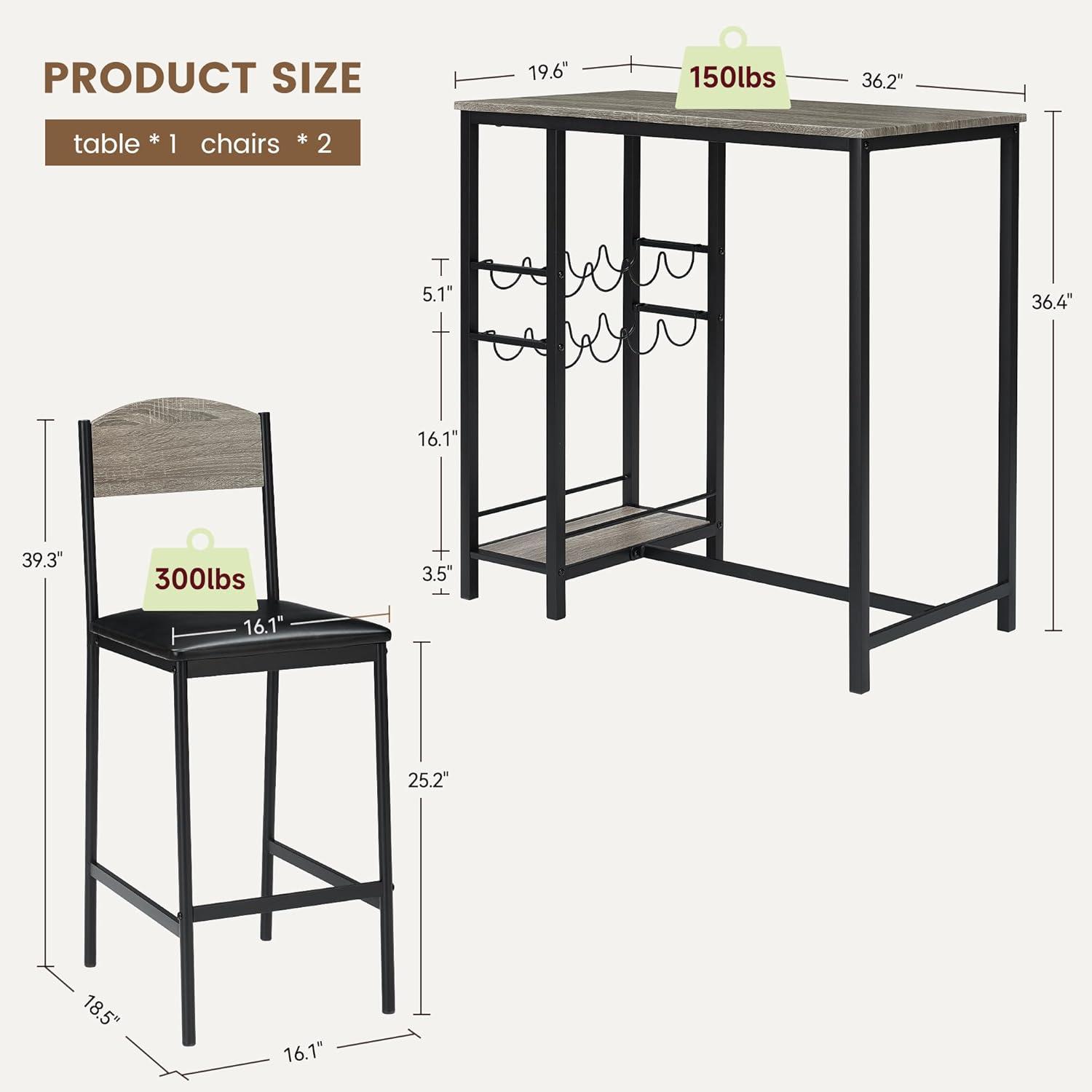 Bar Table Set for 2 with Footrest, Kitchen Dining Table with 2 Upholstered Chairs, Small Space Counter Height Barstools for Counter Bar, Sturdy and Durable, Easy to Assemble, Gray