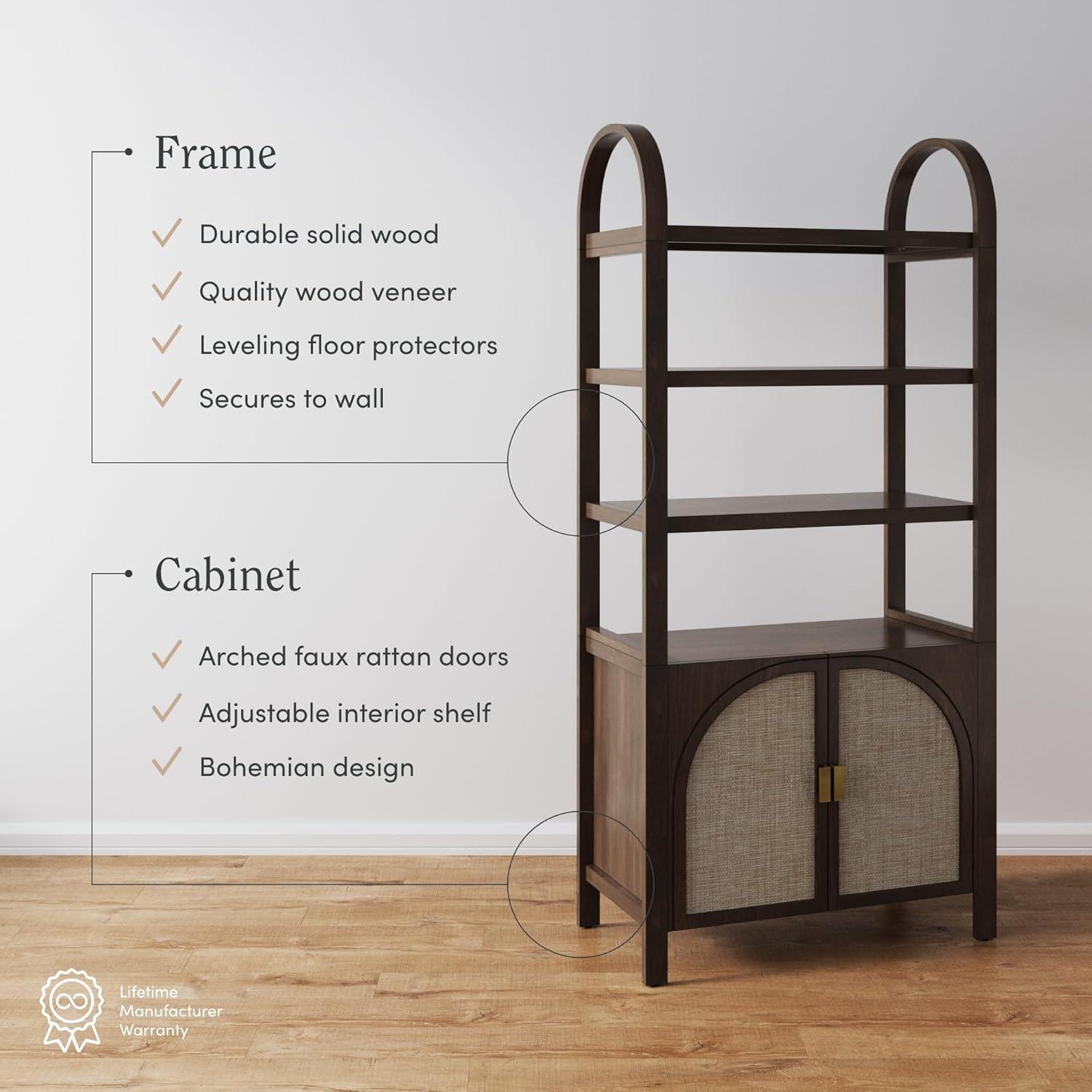 Boho 3-Shelf Bookshelf Cabinet With Rattan Doors