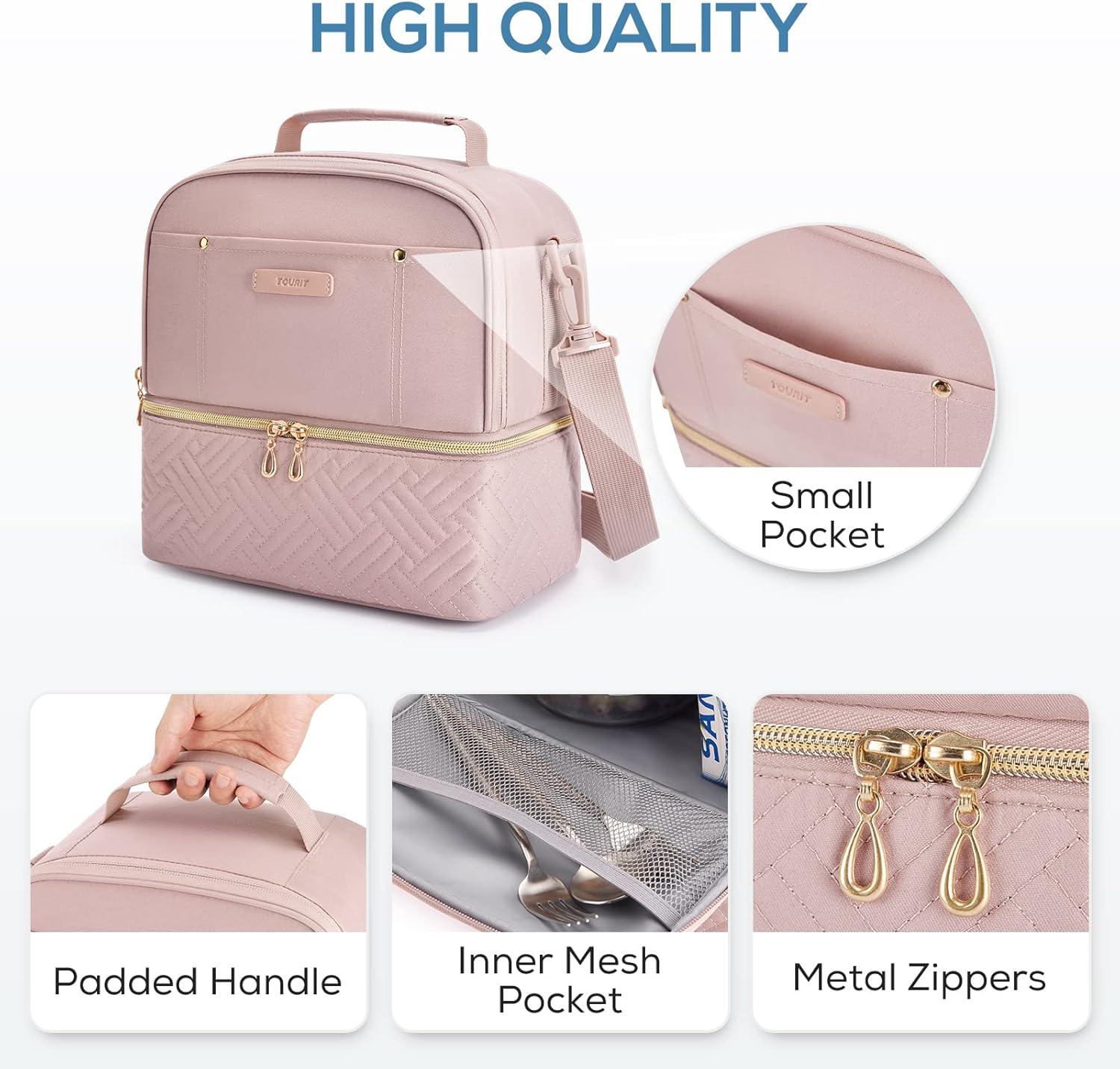 TOURIT Bolsa de Almuerzo Aislada Recipientes de Lonchera Reutilizables, Bolsa Hielera con Dos Pisos y Térmica a Prueba de Fugas, Correa para el Hombro para Mujeres, Hombres, Niños, Escuela de Trabajo, Picnic en la Playa, Rosa