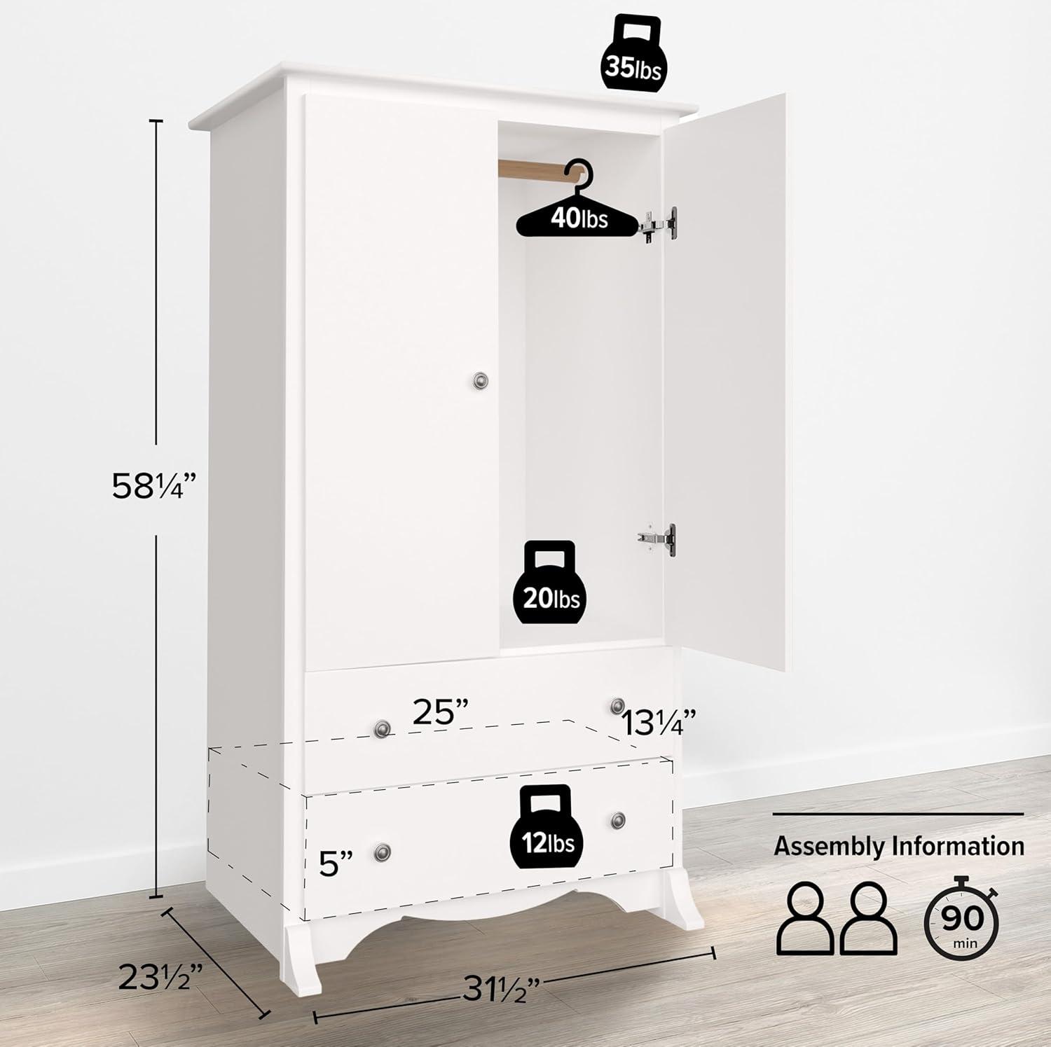 Prepac Monterey Armoire White: Transitional Style, Wood Composite, 2-Door Wardrobe for Hanging Clothes