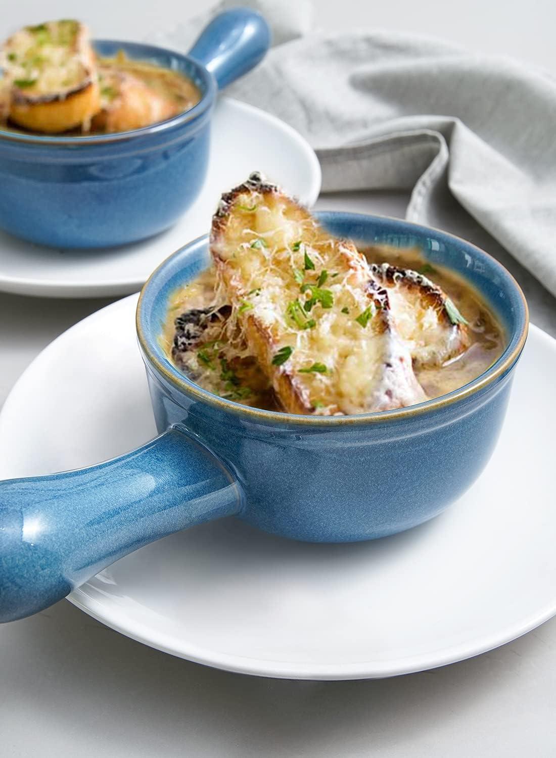 Ceylon Blue Ceramic Soup and Cereal Bowls with Handles, Set of 4