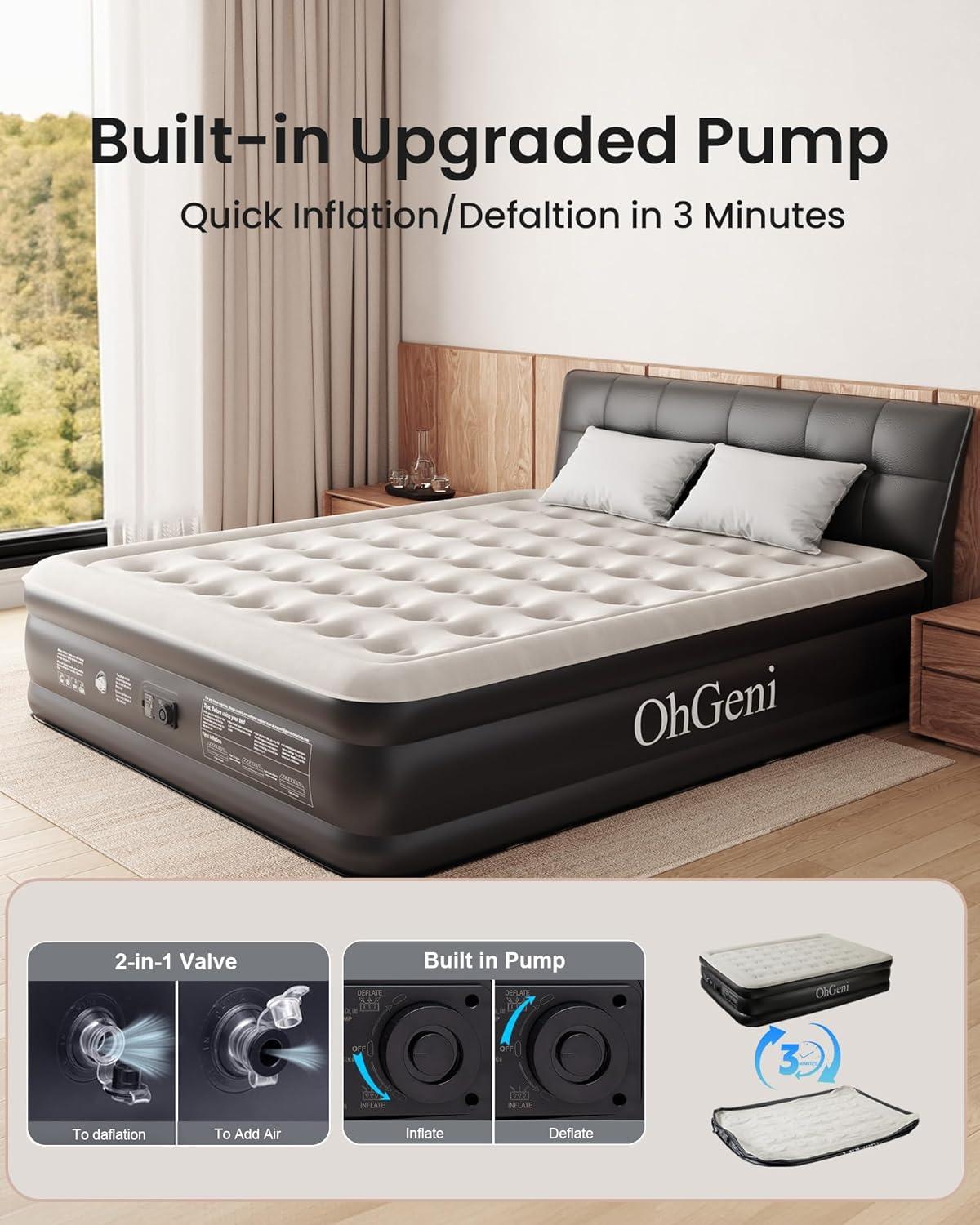 California King Black and Gray Raised PVC Air Mattress with Built-In Pump