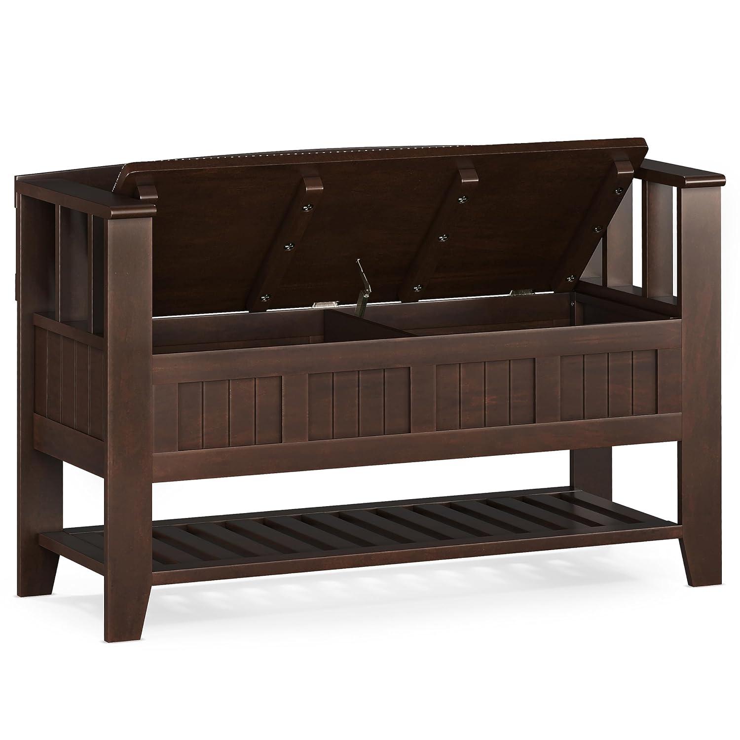 SIMPLIHOME Acadian Entryway Storage Bench - 48 inch Wide Solid Wood Hallway Seat with Shelf in Brunette Brown, Transitional Bench for Entryway or Living Room with Open Storage and Slatted Bottom