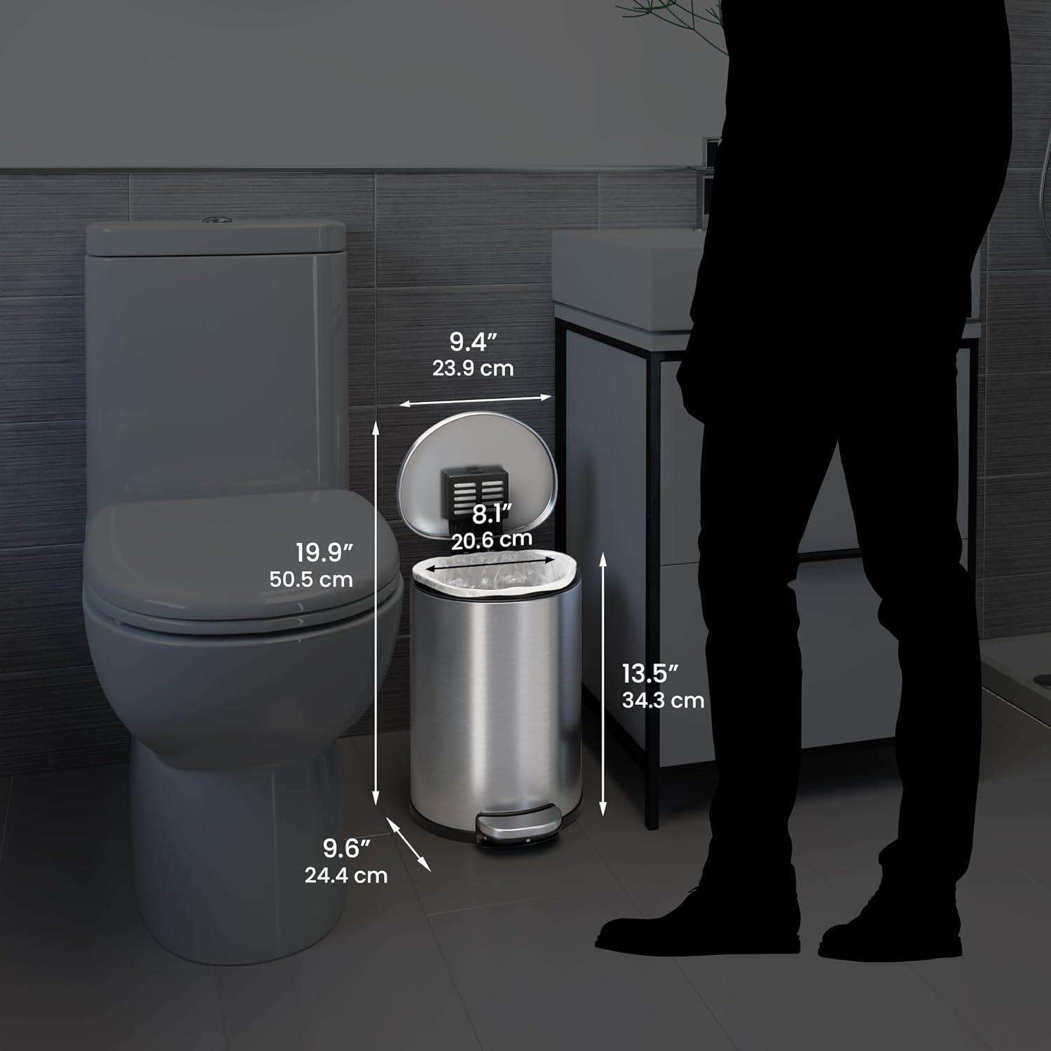 iTouchless Step Pedal Bathroom Trash Can with AbsorbX Odor Filter and Removable Inner Bucket 2 Gallon Semi-Round Stainless Steel