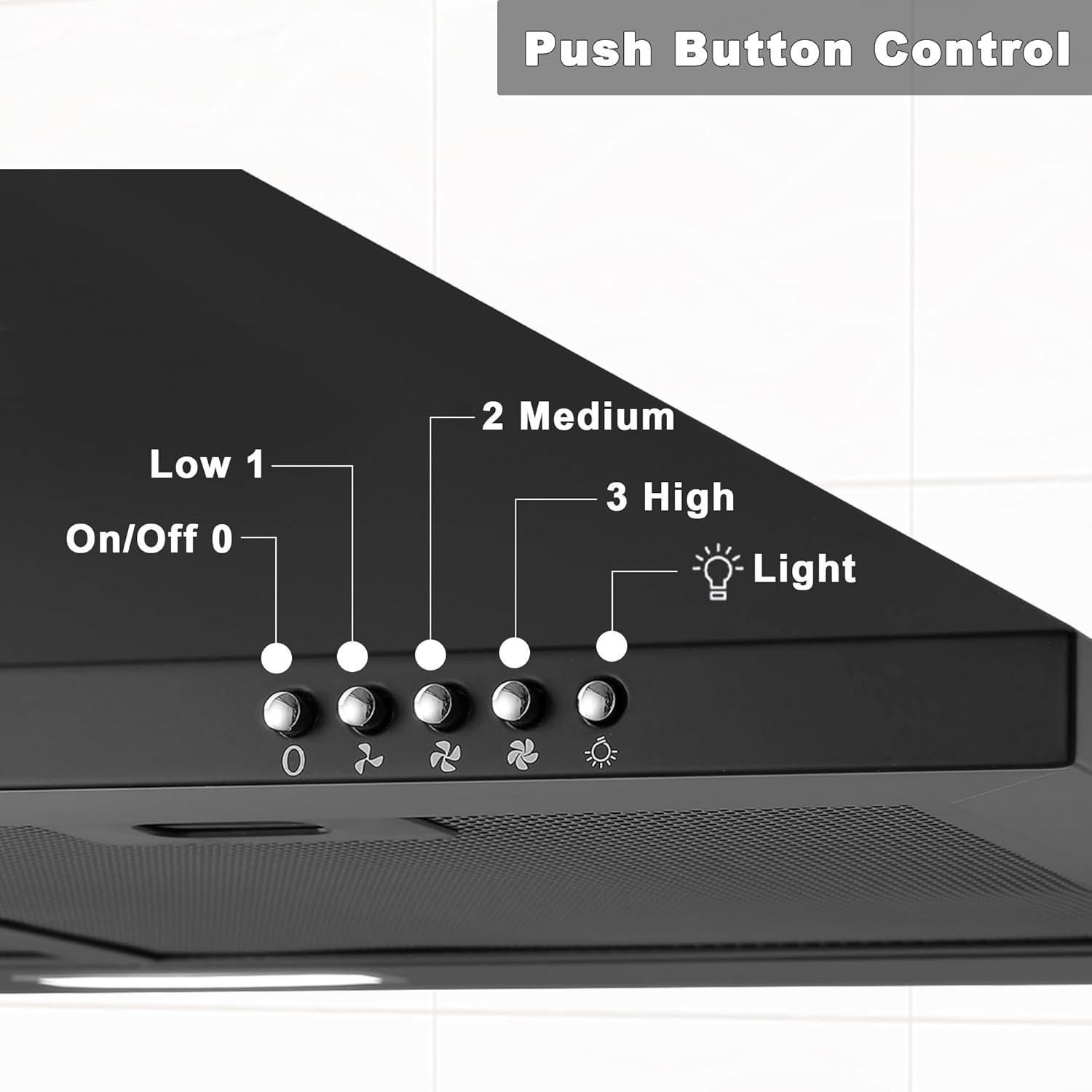 30 Inch Black Range Hood with Charcoal Filters, 450 CFM Stainless Steel Wall Mount Kitchen Hood, Button Control Over Stove Vent Hood with 3 Speed Noiseless Fan, LED Light (450CFM)