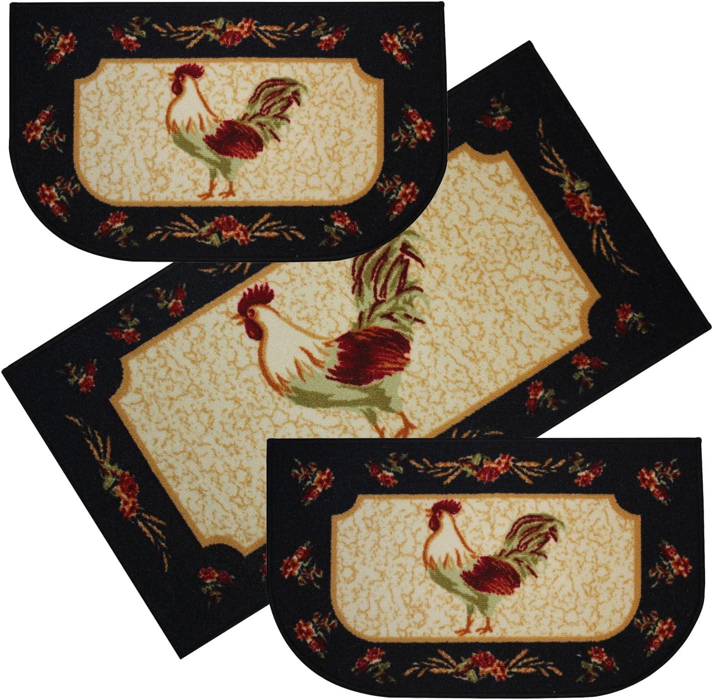 Kashi Home Kitchen Rug, Printed Area Rug, Durable Floor, Door Mat, Farmhouse Non-Slip Carpet Latex Backing Beautiful Design Rooster 3pc Set (2 18x30 D Shape & 1 20x40)