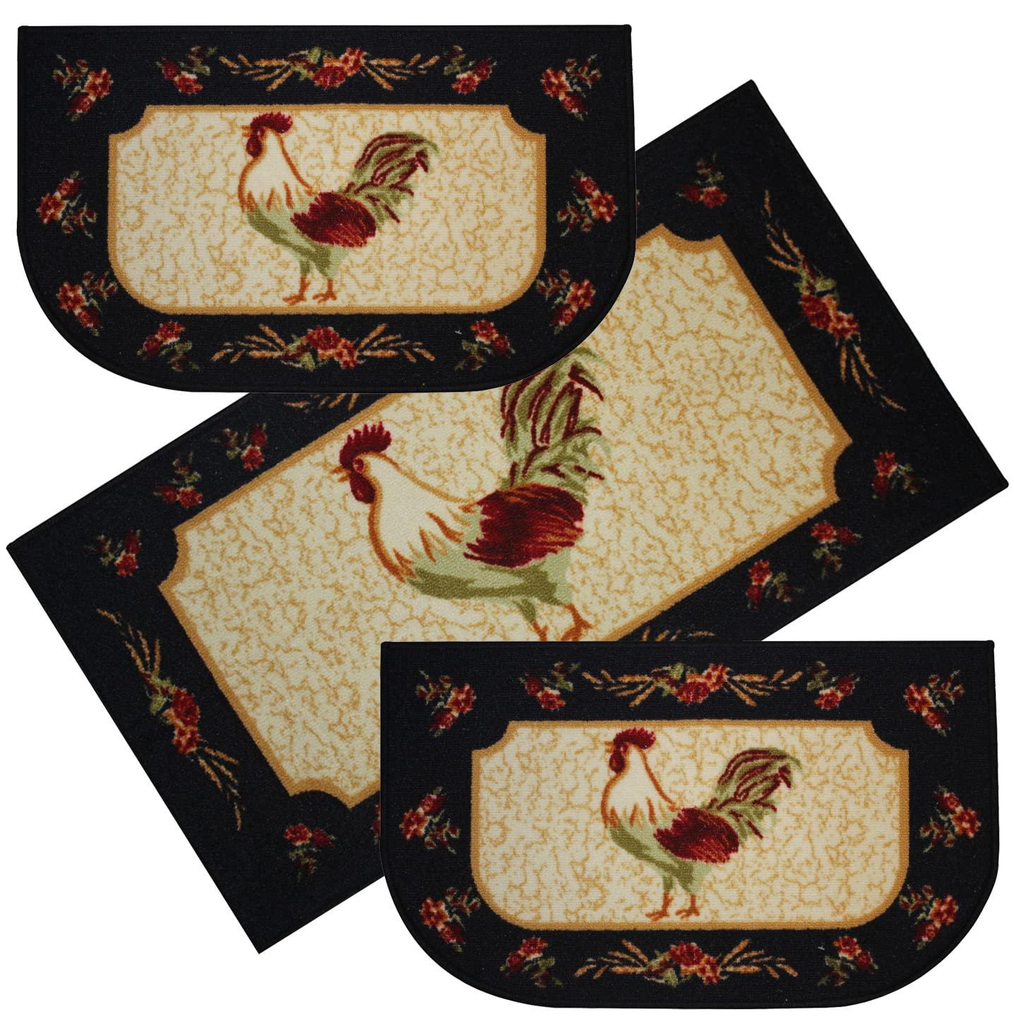 Kashi Home Kitchen Rug, Printed Area Rug, Durable Floor, Door Mat, Farmhouse Non-Slip Carpet Latex Backing Beautiful Design Rooster 3pc Set (2 18x30 D Shape & 1 20x40)