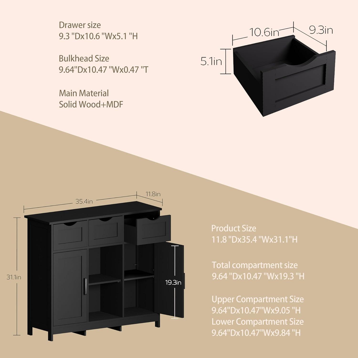 Black MDF Storage Cabinet with Adjustable Shelves and Drawers