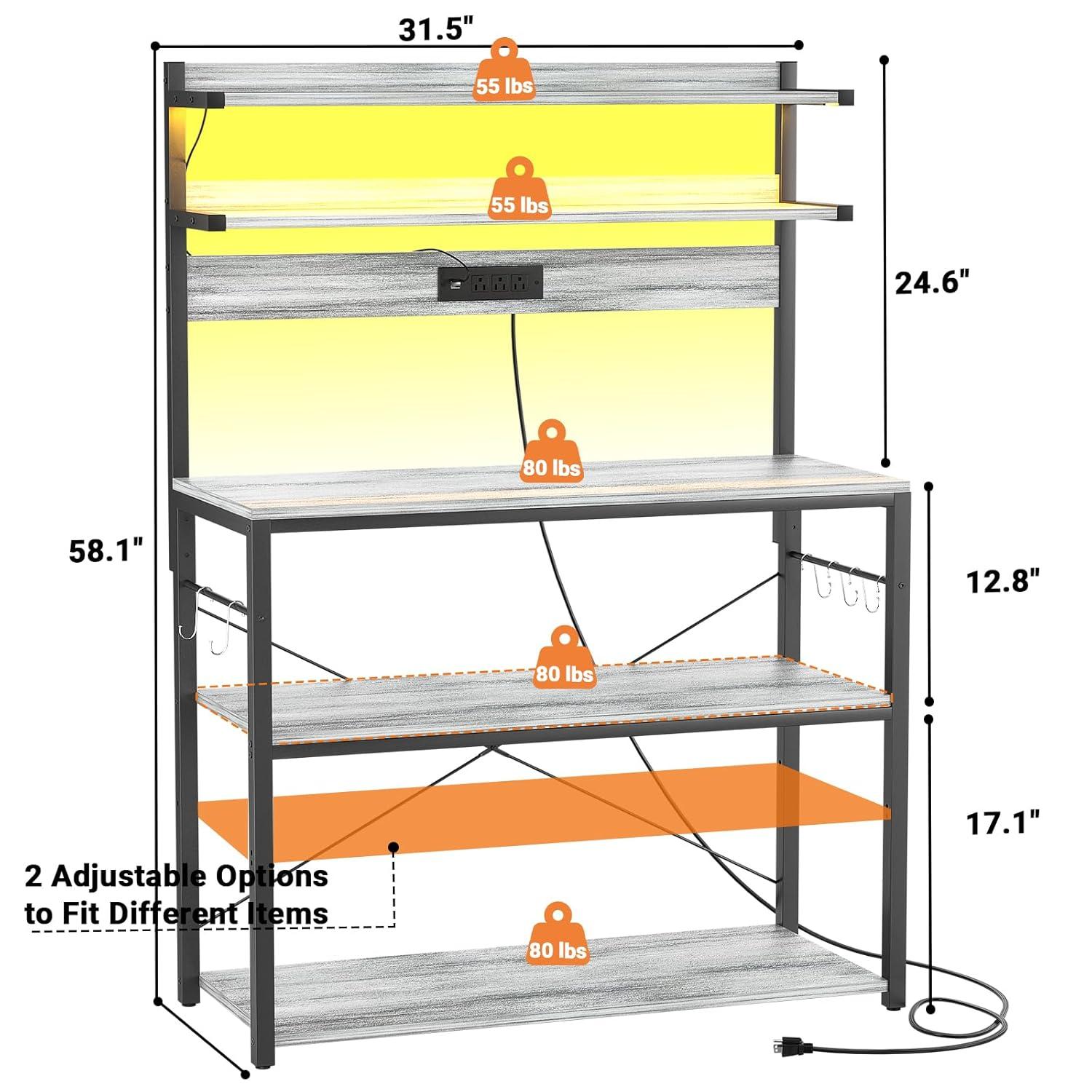 Aheaplus Bakers Rack with Power Outlet, Microwave Stand, 5 Tiers Coffee Bar Station with Led Lights, Kitchen Storage Shelf with 6 S-Shaped Hooks, Kitchen Rack Coffee Bar Stand, White Oak
