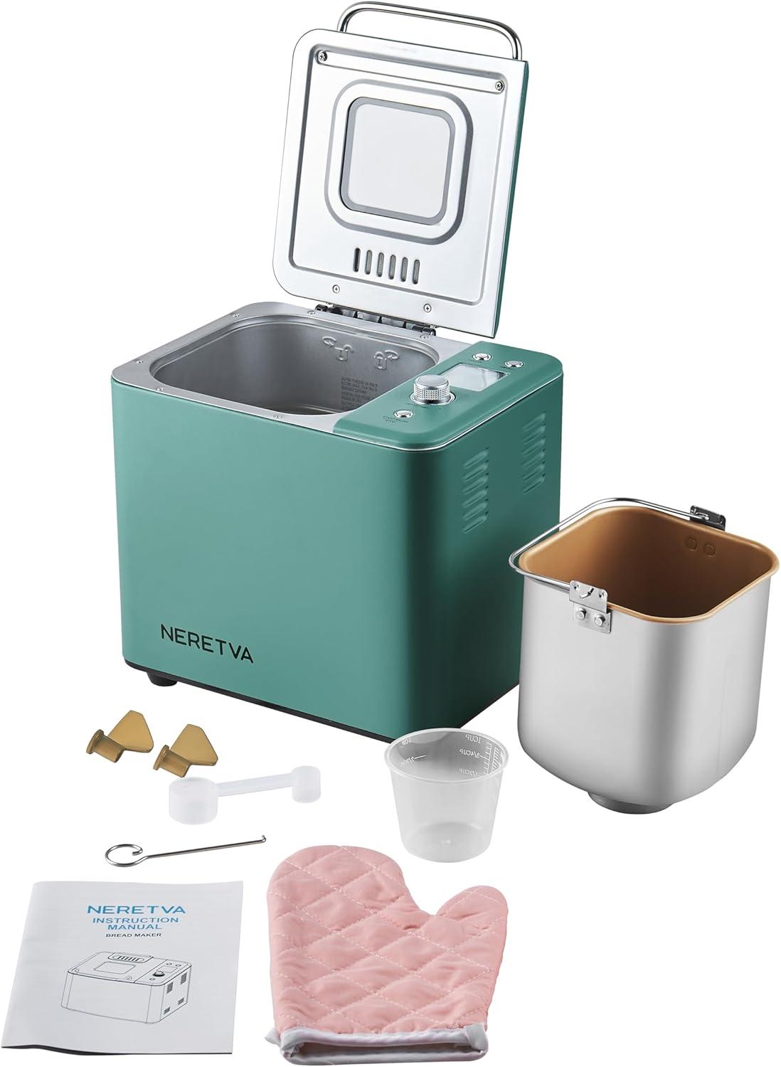 Neretva Bread Maker, 20-in-1 Automatic Bread Machine with Dual Heaters, 2LB Ceramic Pan, Stainless Steel, Green