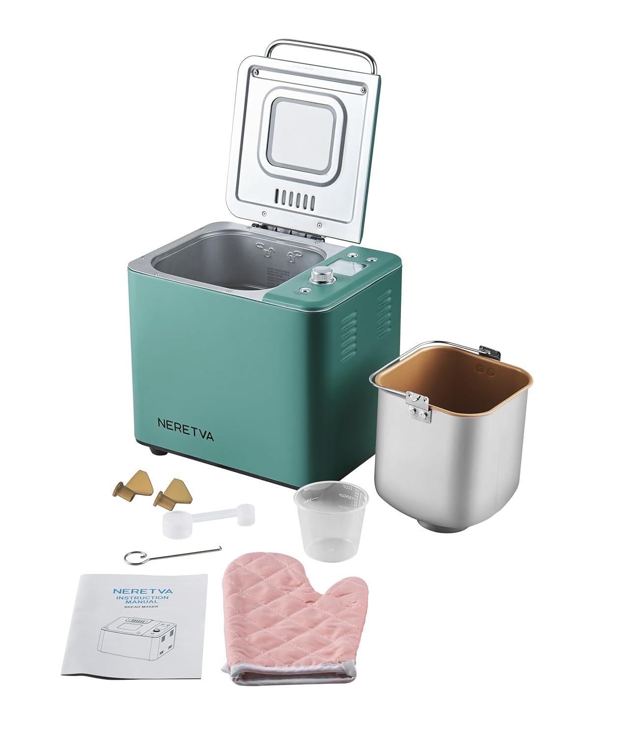 Neretva Bread Maker, 20-in-1 Automatic Bread Machine with Dual Heaters, 2LB Ceramic Pan, Stainless Steel, Green