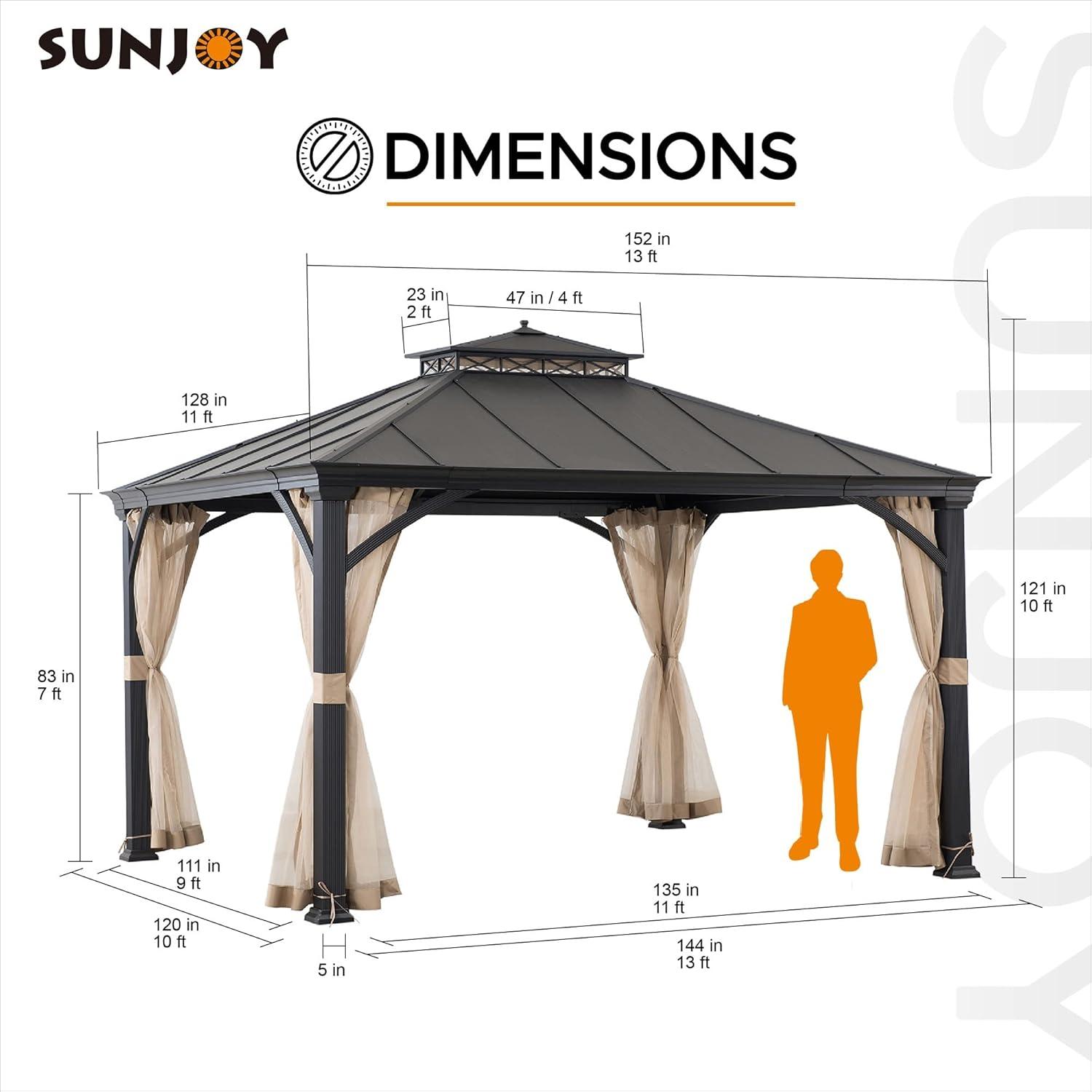 Sunjoy Hardtop Gazebo 11 x 13 ft. Outdoor Patio Black Anti-Rust Aluminum Frame Gazebo, Double Tiered Gazebo with Ceiling Hook and Mesh Netting, Black