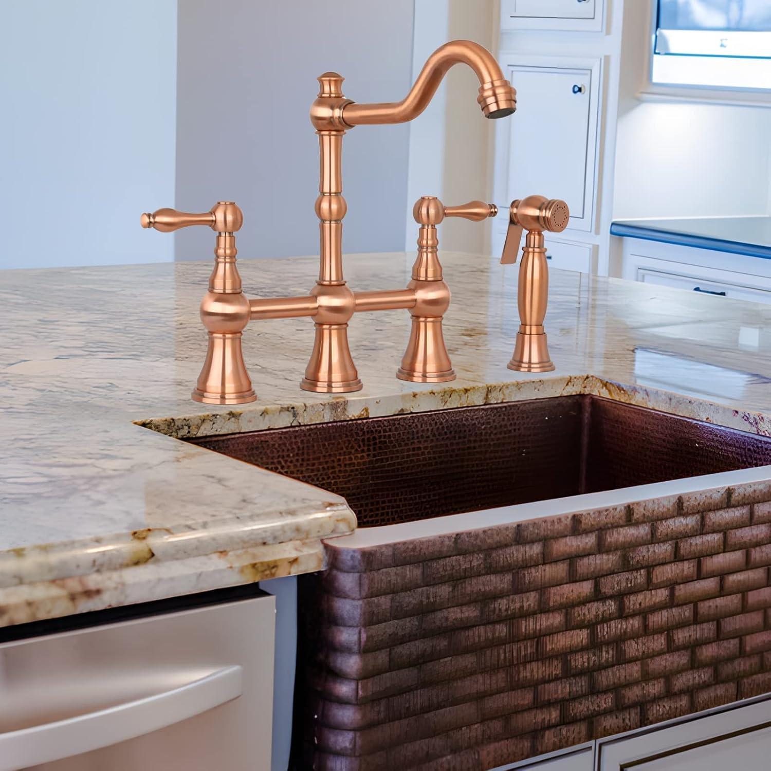 Double Handle Brushed Copper Bridge Kitchen Faucet with Sprayer