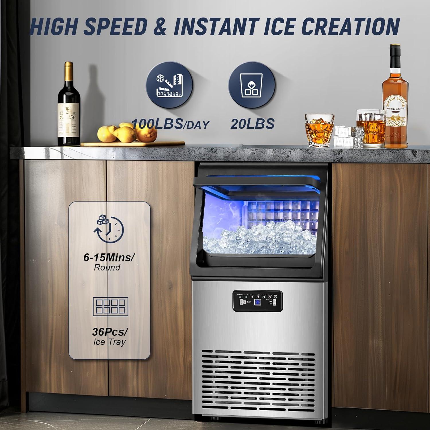 Commercial Ice Maker 100 lb./24H Freestanding Ice Maker Machine with 20 lb. Storage, 2 Water Inlet Modes Stainless Steel